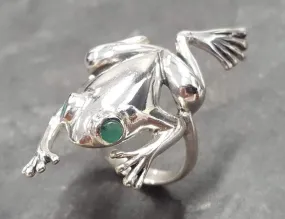 Silver Frog Ring - Natural Emerald Ring - Long Vintage Ring