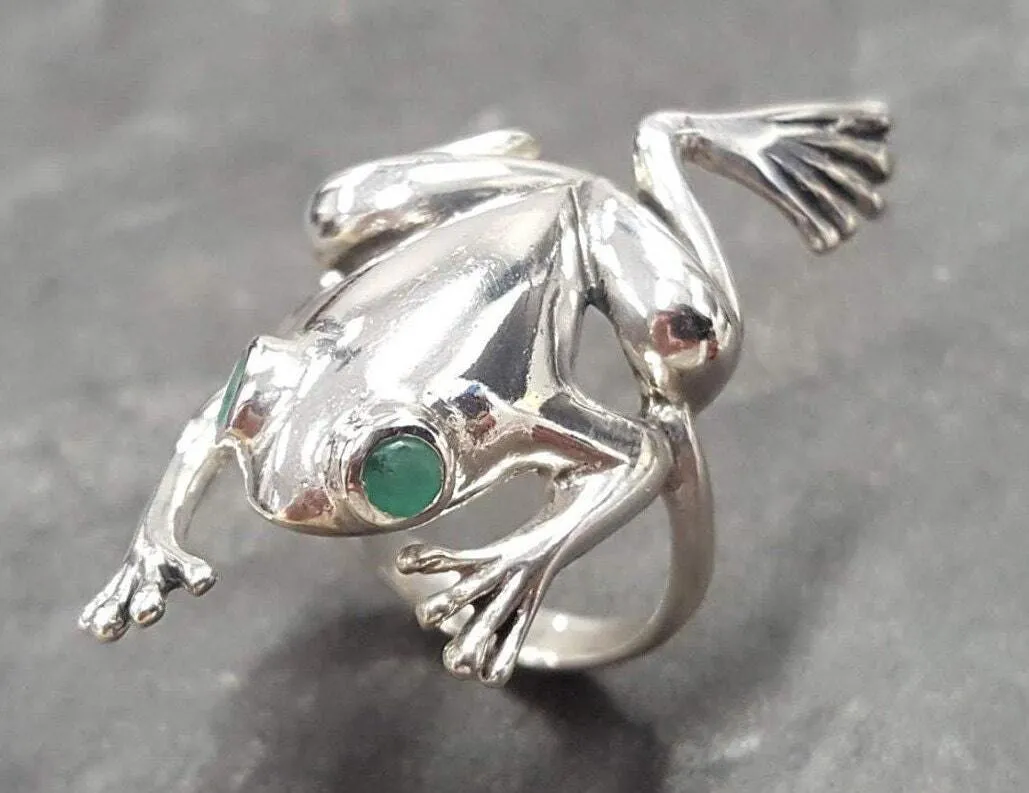 Silver Frog Ring - Natural Emerald Ring - Long Vintage Ring