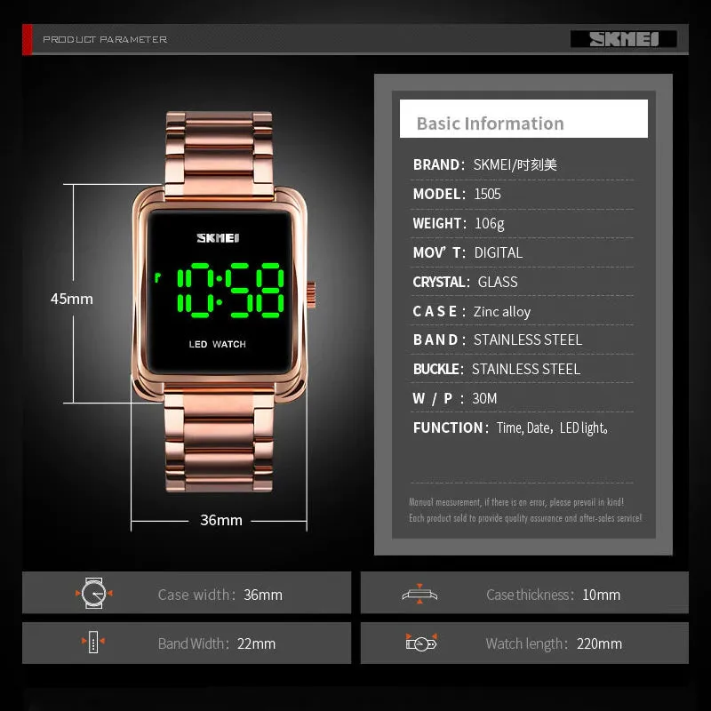 SKMEI 1505 Simplified Square LED Watch Waterproof w/ Night Light