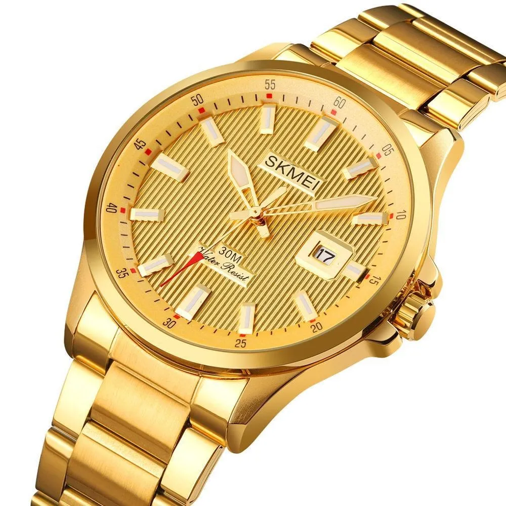 SKMEI 1654 Luxury Golden Quartz Wrist Watch for Business Men w/ Calendar