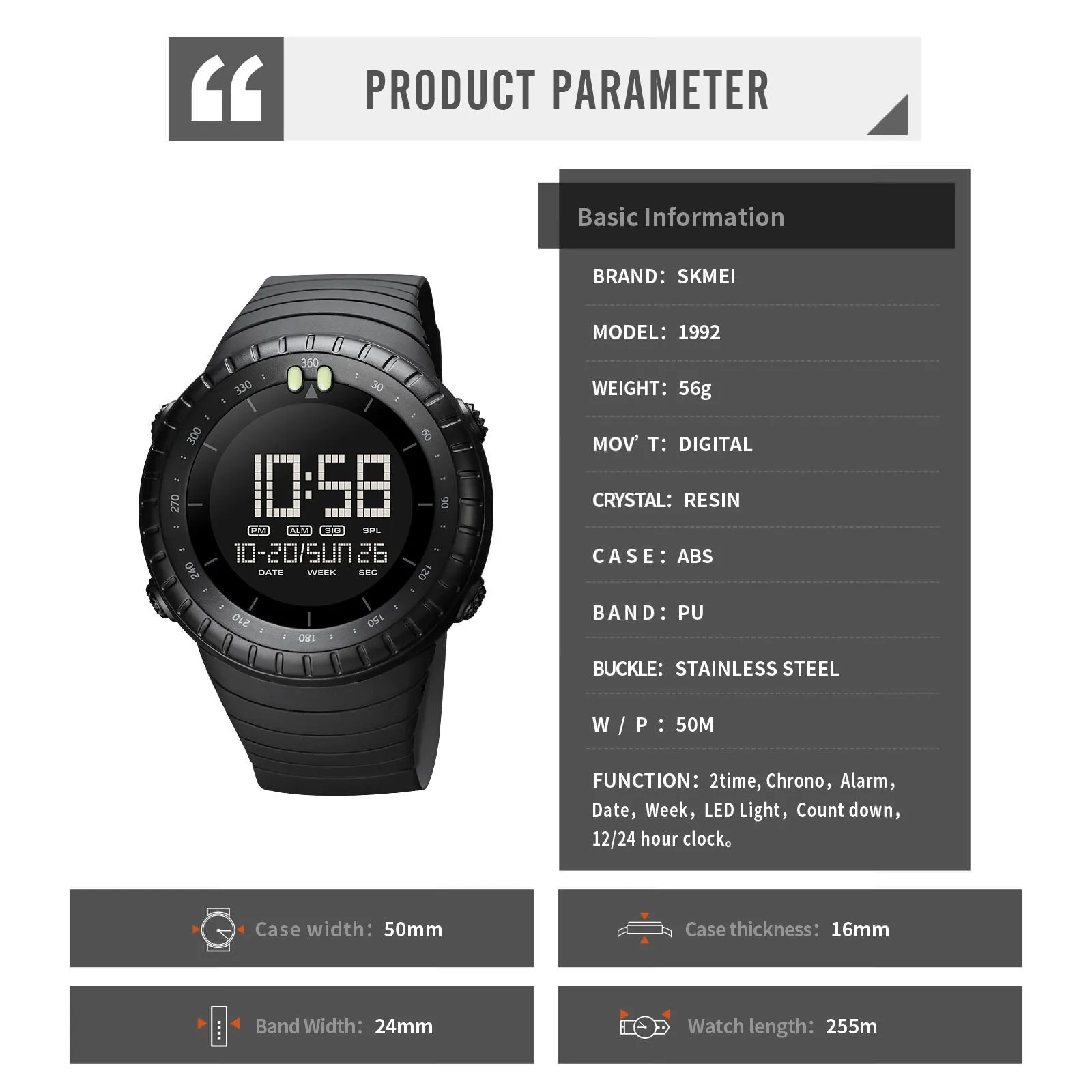 SKMEI 1992 50mm Digital Sports Watch for Men Waterproof IP68 w/ LED Light