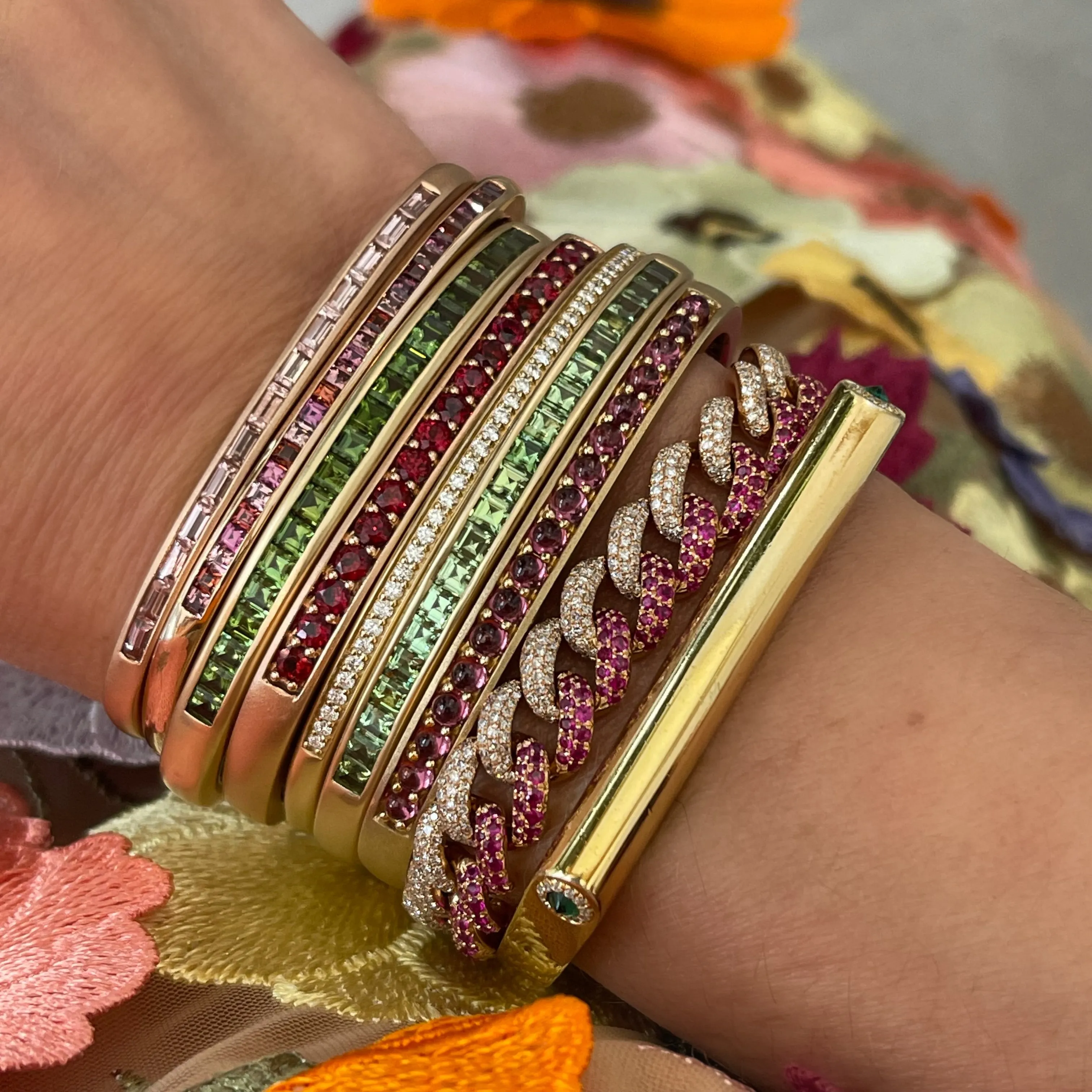 Slim Hinged Rectangular Cuff Bracelet with Pink Tourmaline & Citrine Squares