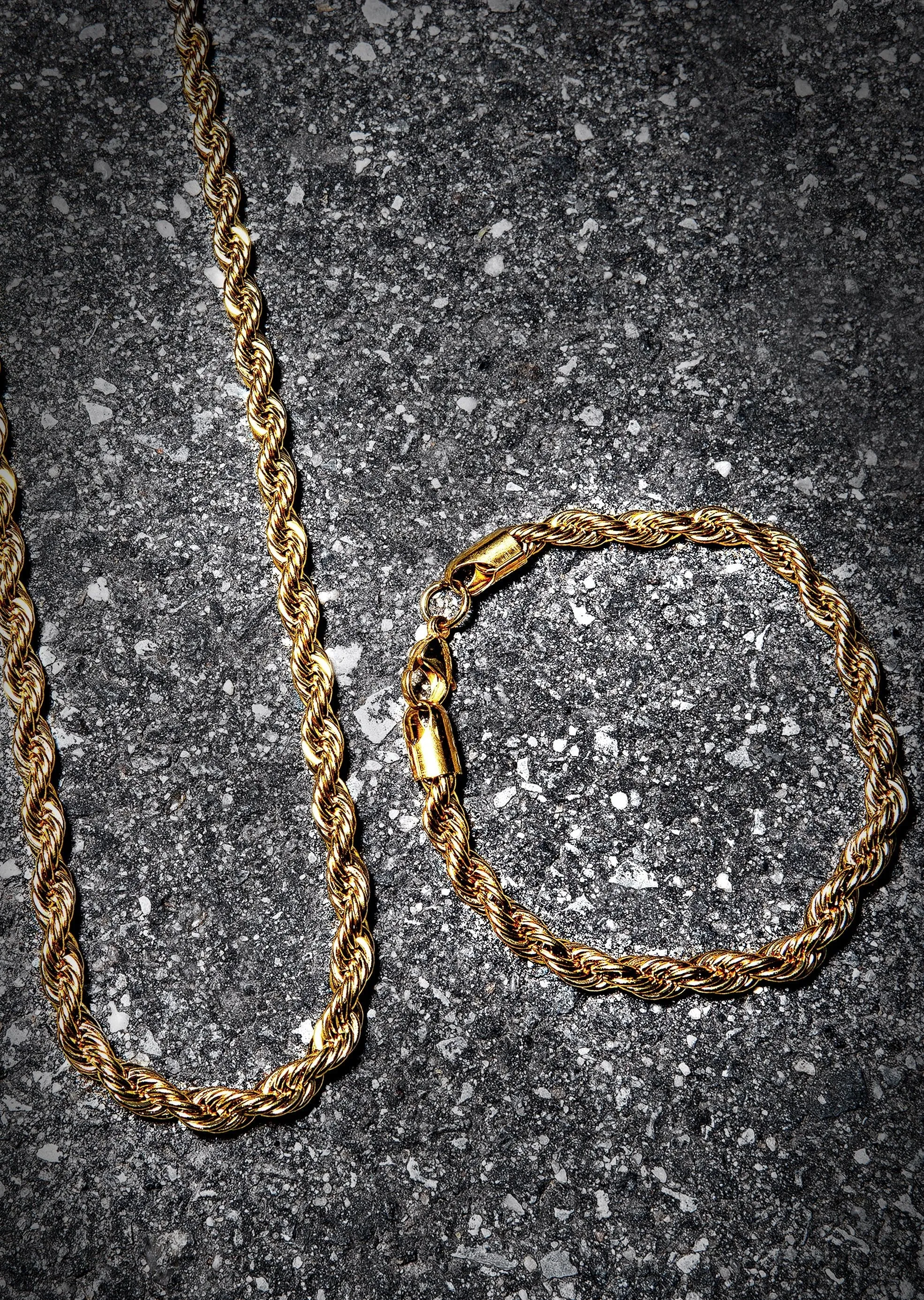 Solid Gold Plated Rope Chain & Bracelet ( 6 Mm )