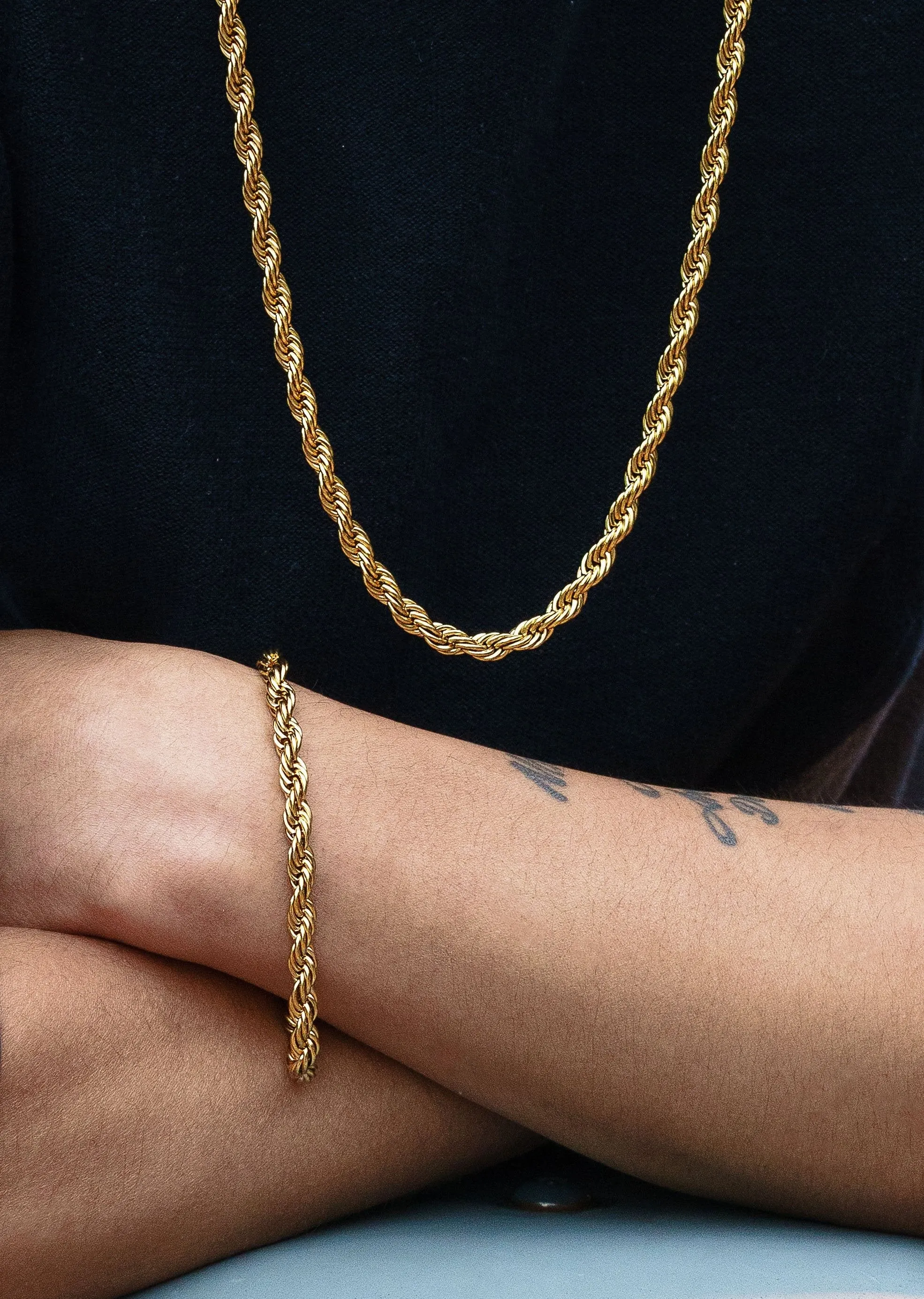 Solid Gold Plated Rope Chain & Bracelet ( 6 Mm )