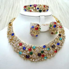 Sparkling Gold Multi color Costume Fashion Party Wedding Necklace Earring Bracelet Jewellery Set