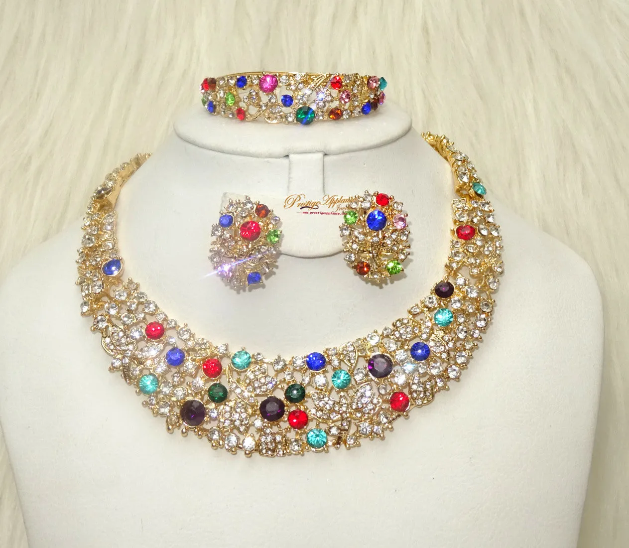 Sparkling Gold Multi color Costume Fashion Party Wedding Necklace Earring Bracelet Jewellery Set
