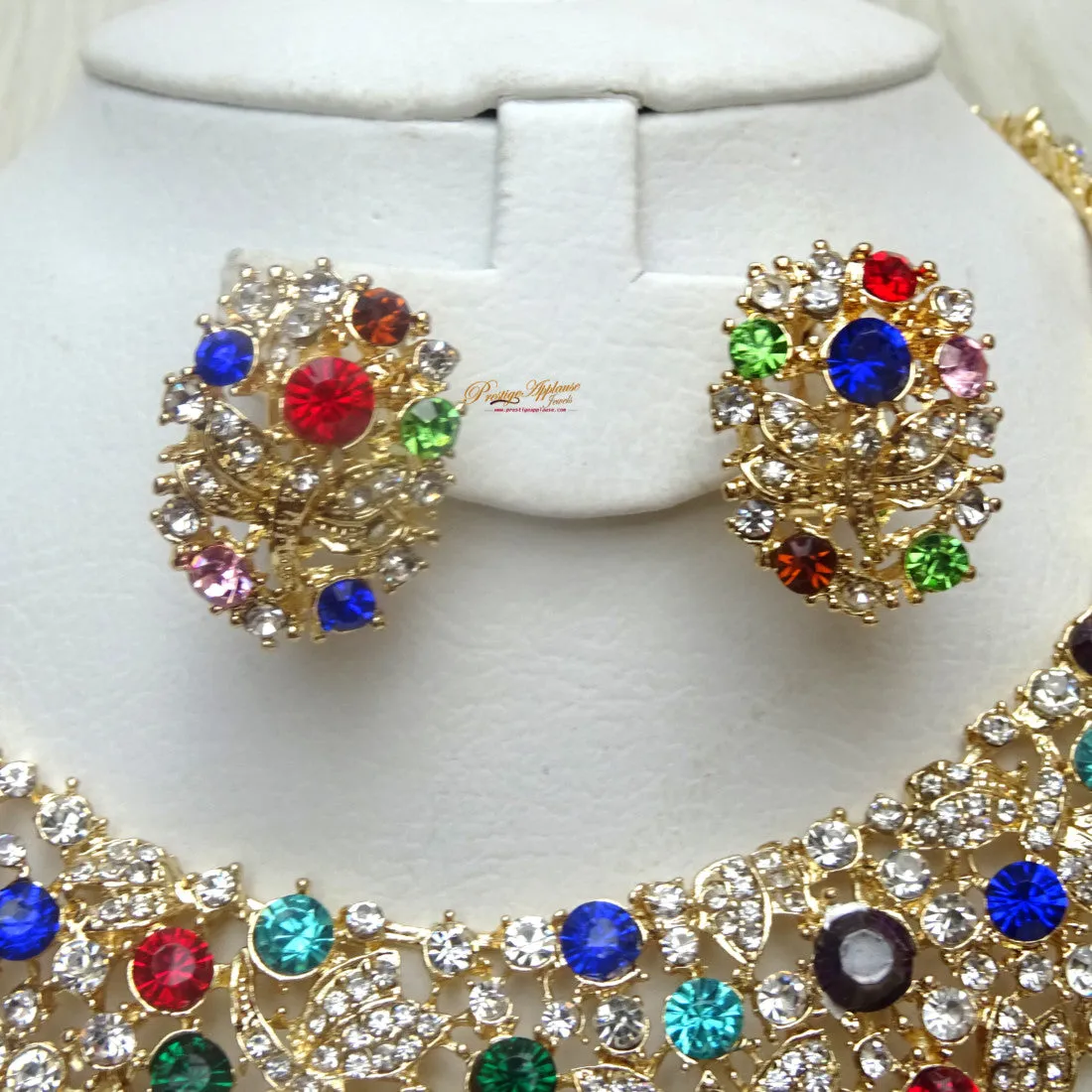 Sparkling Gold Multi color Costume Fashion Party Wedding Necklace Earring Bracelet Jewellery Set