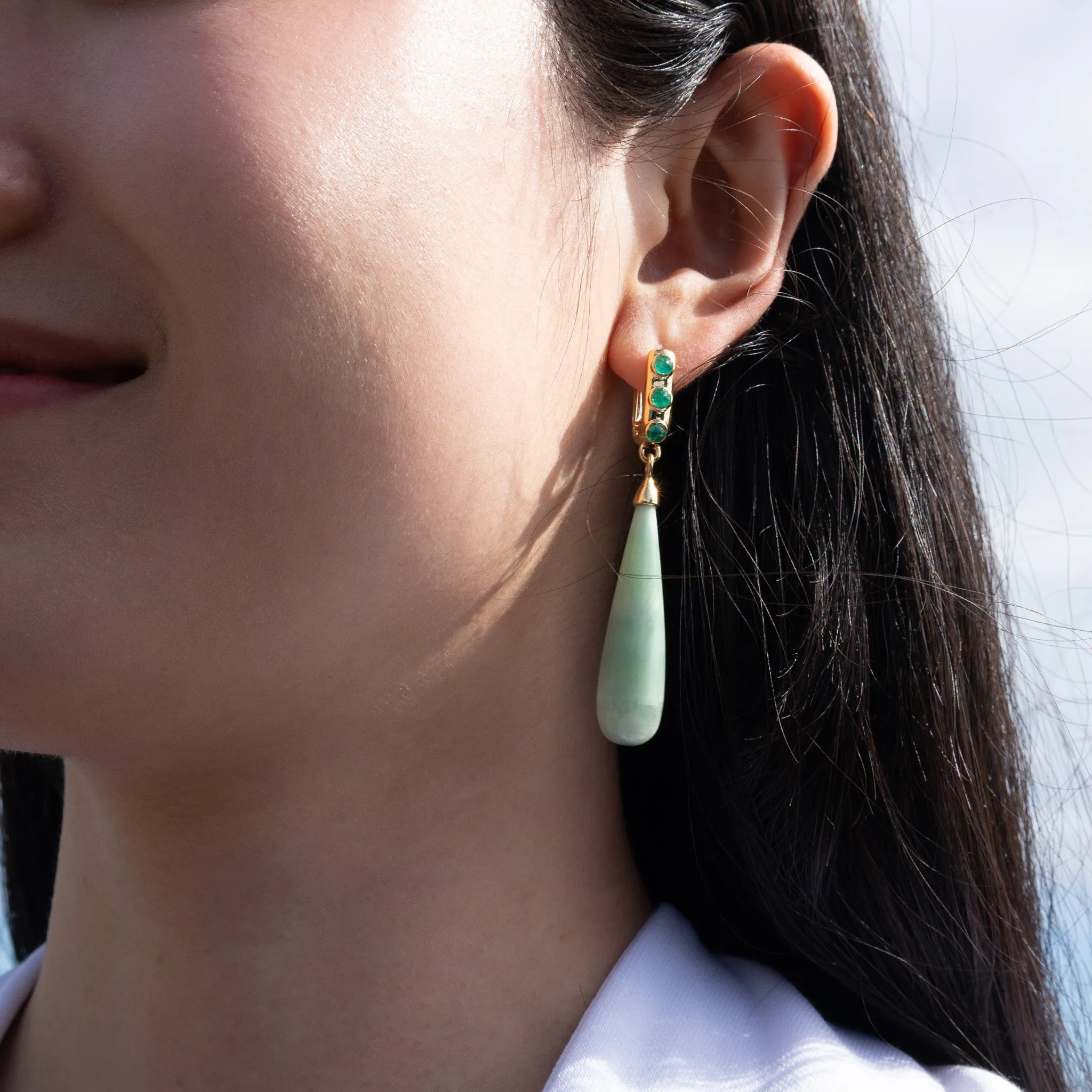 Special Edition “Rings of Nebula” Aragonite Drop Earrings with Faceted Emerald Cabochons