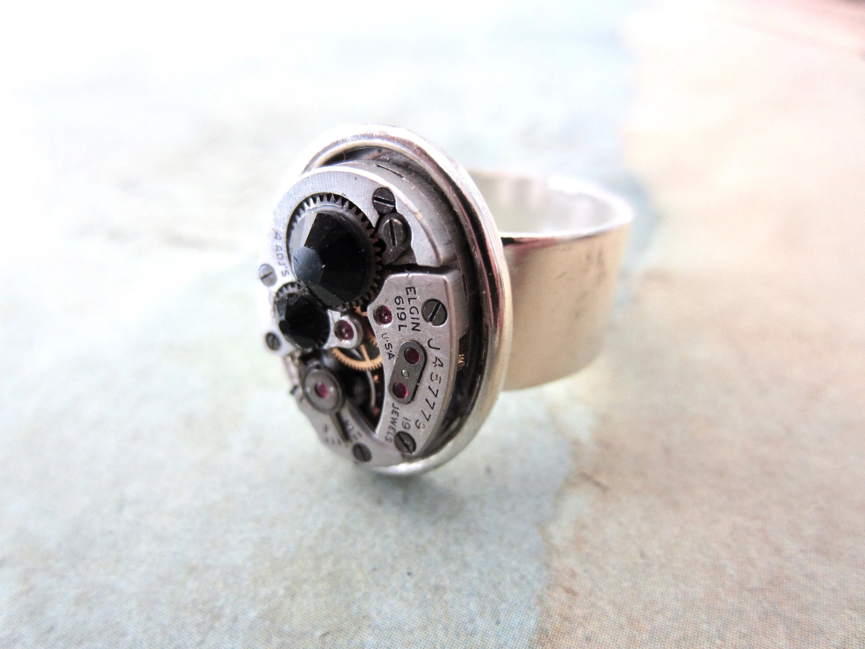 Steampunk Ring - Onyx Ring  - Unisex - Watch Movement Ring - Antique Silver - Adjustable Victorian Ring