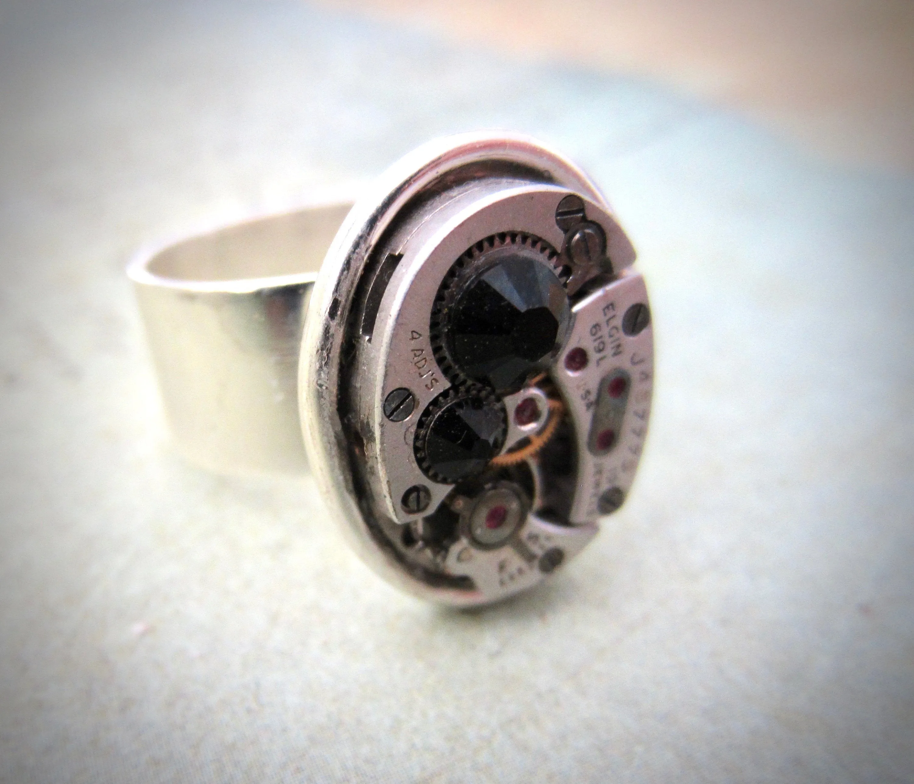 Steampunk Ring - Onyx Ring  - Unisex - Watch Movement Ring - Antique Silver - Adjustable Victorian Ring