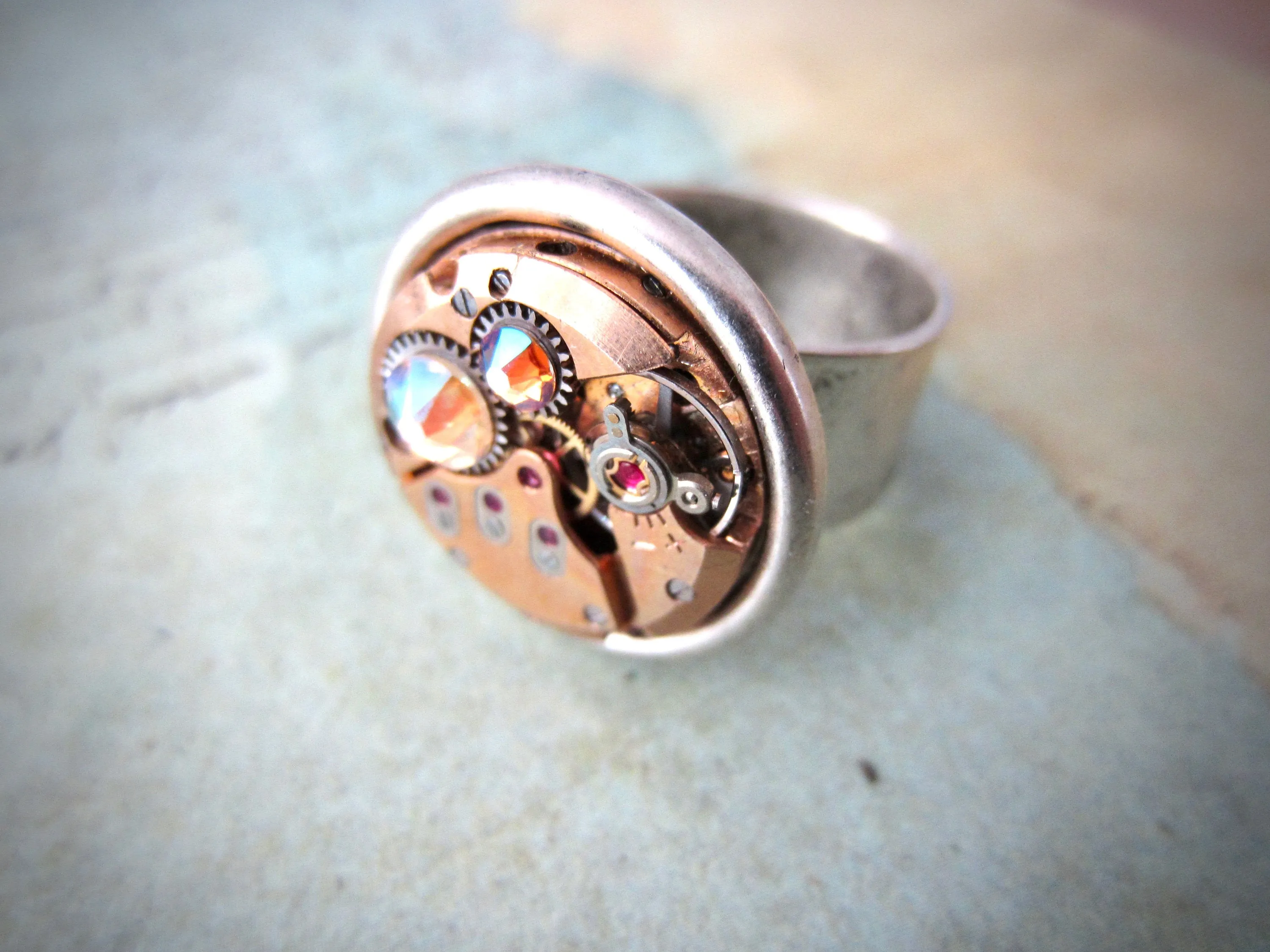 Steampunk Ring - Rose Gold watch movement - statement ring - Repurposed - recycled