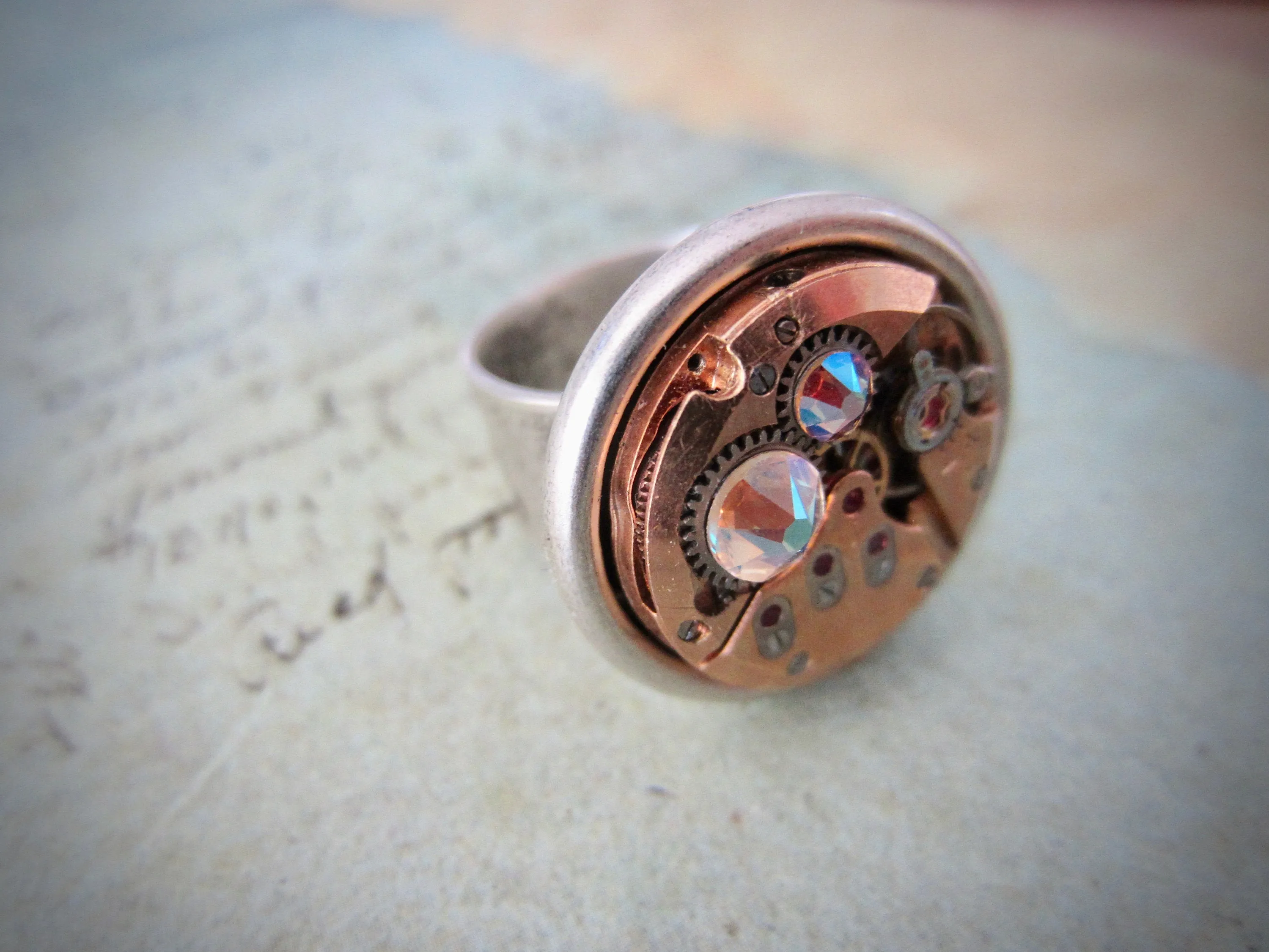 Steampunk Ring - Rose Gold watch movement - statement ring - Repurposed - recycled