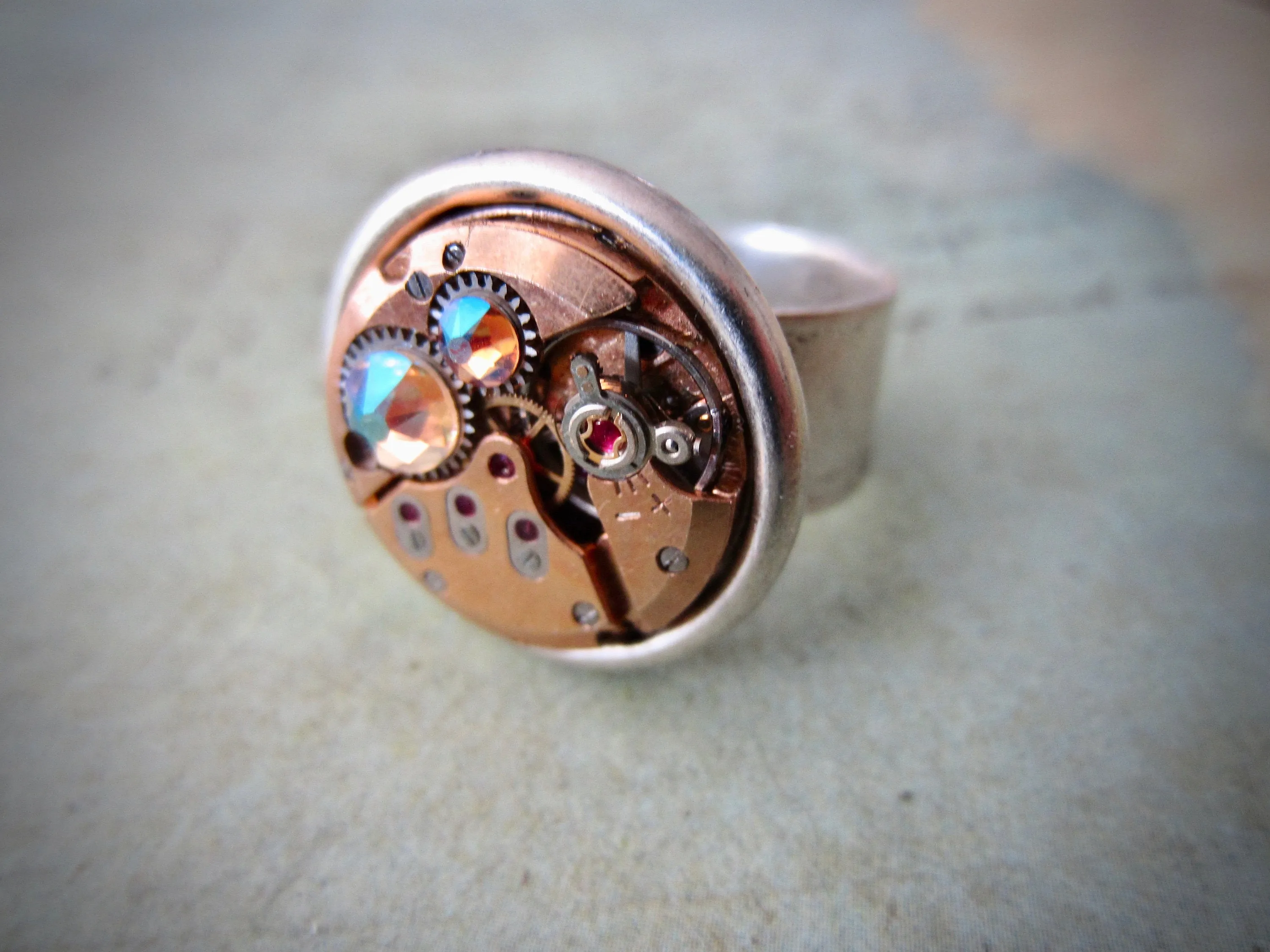 Steampunk Ring - Rose Gold watch movement - statement ring - Repurposed - recycled
