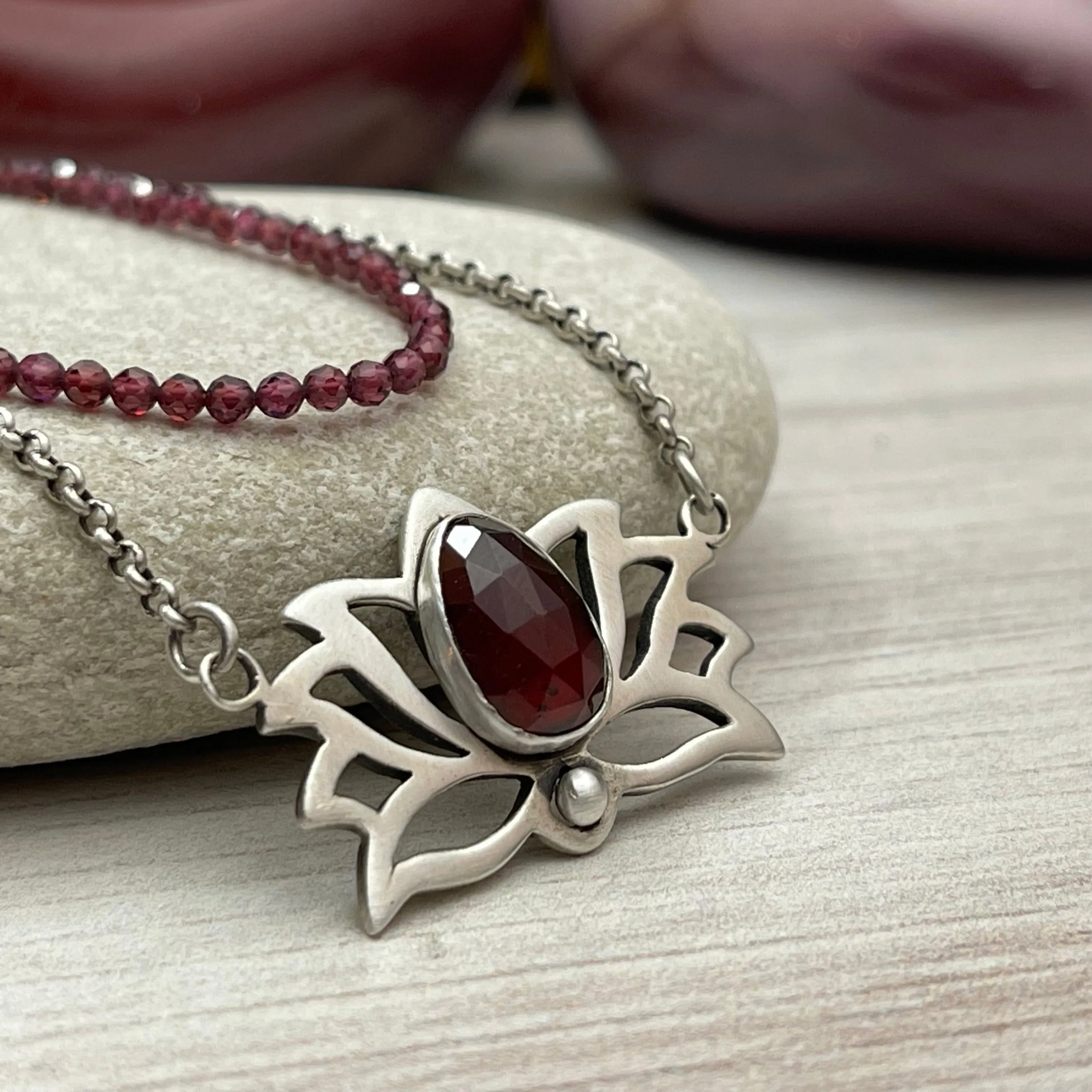 Sterling Silver Garnet Lotus Necklace