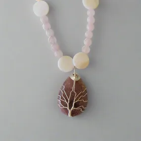 Strawberry Quartz Tree of Life Teardrop Pendant Rose Quartz & Seashell Bead Necklace