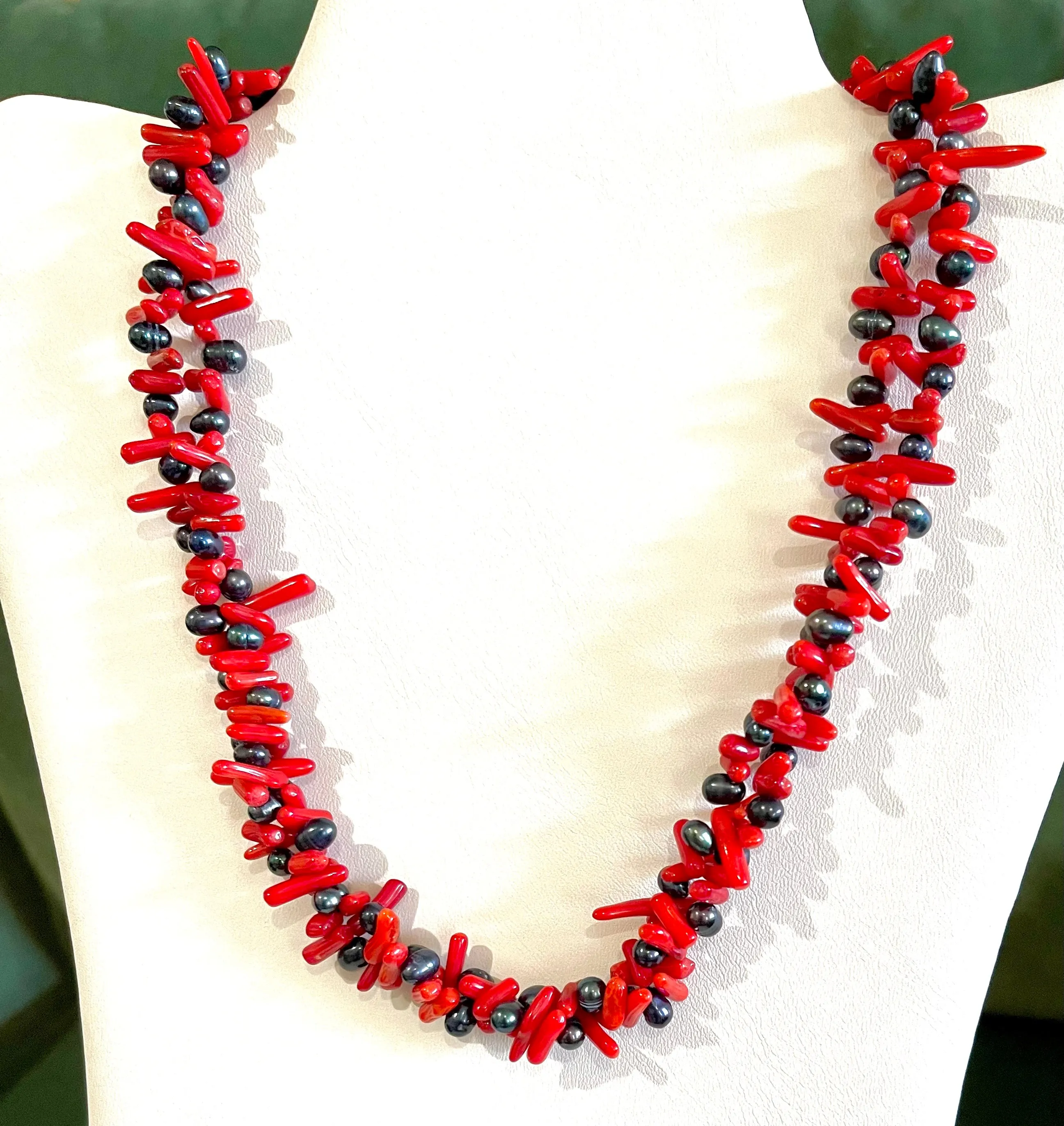 Tahitian Black Pearl & Red Coral Statement Necklace 20”