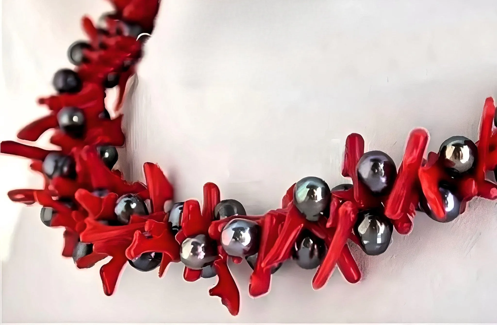 Tahitian Black Pearl & Red Coral Statement Necklace 20”