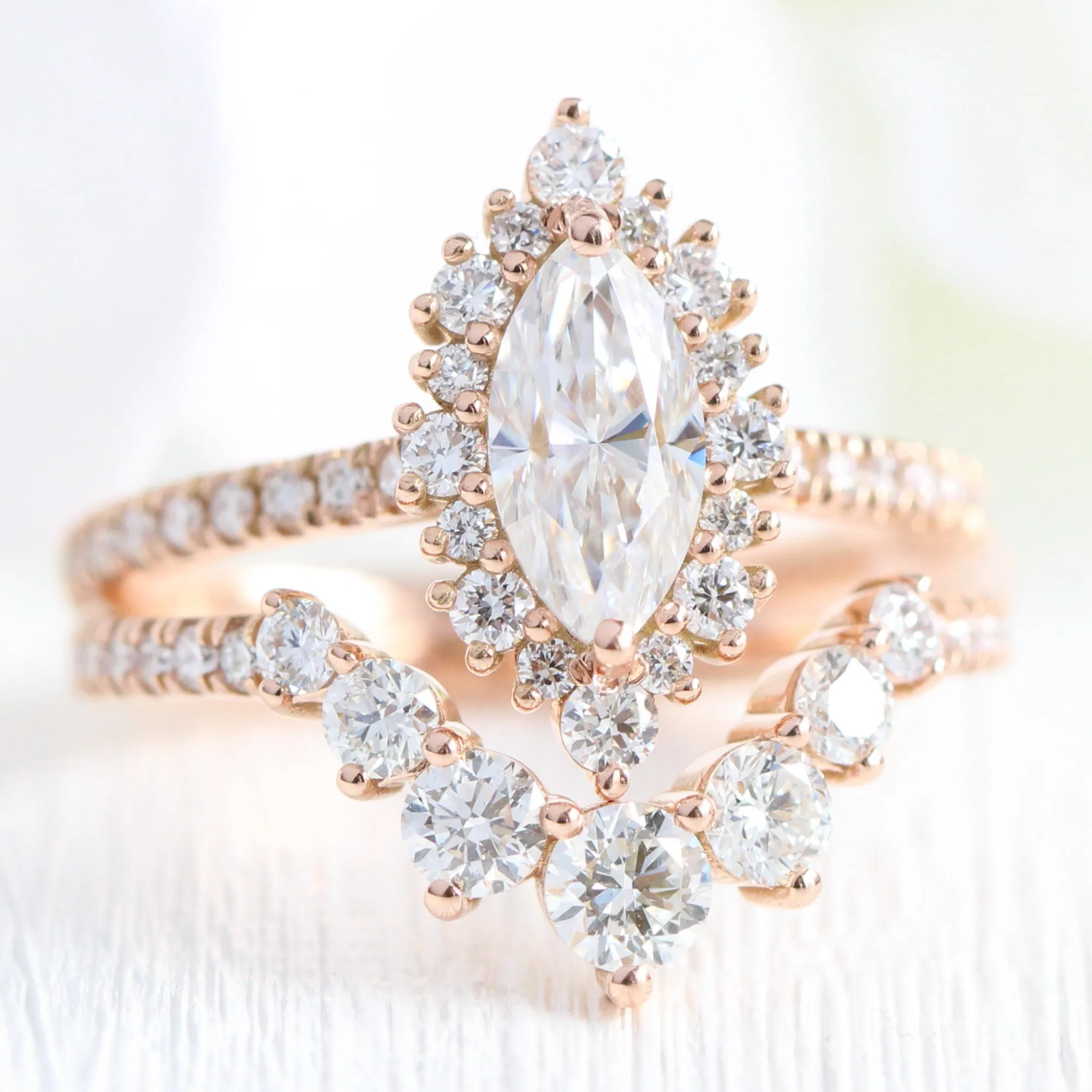 Tiara Halo Marquise Ring Bridal Set w/ Moissanite and Large 7 Diamond Pave Band