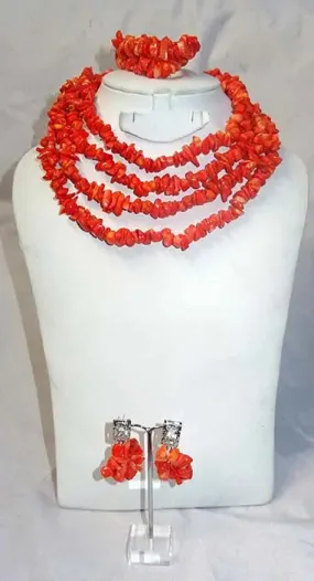 Traditional Coral African Beads Necklace Jewellery Set