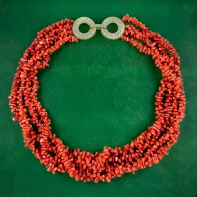 Triple Strand Coral Necklace Cz Sterling Silver Clasp