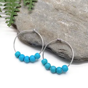 Turquoise 4mm Stone Bead Silver Tone Hoops 20mm