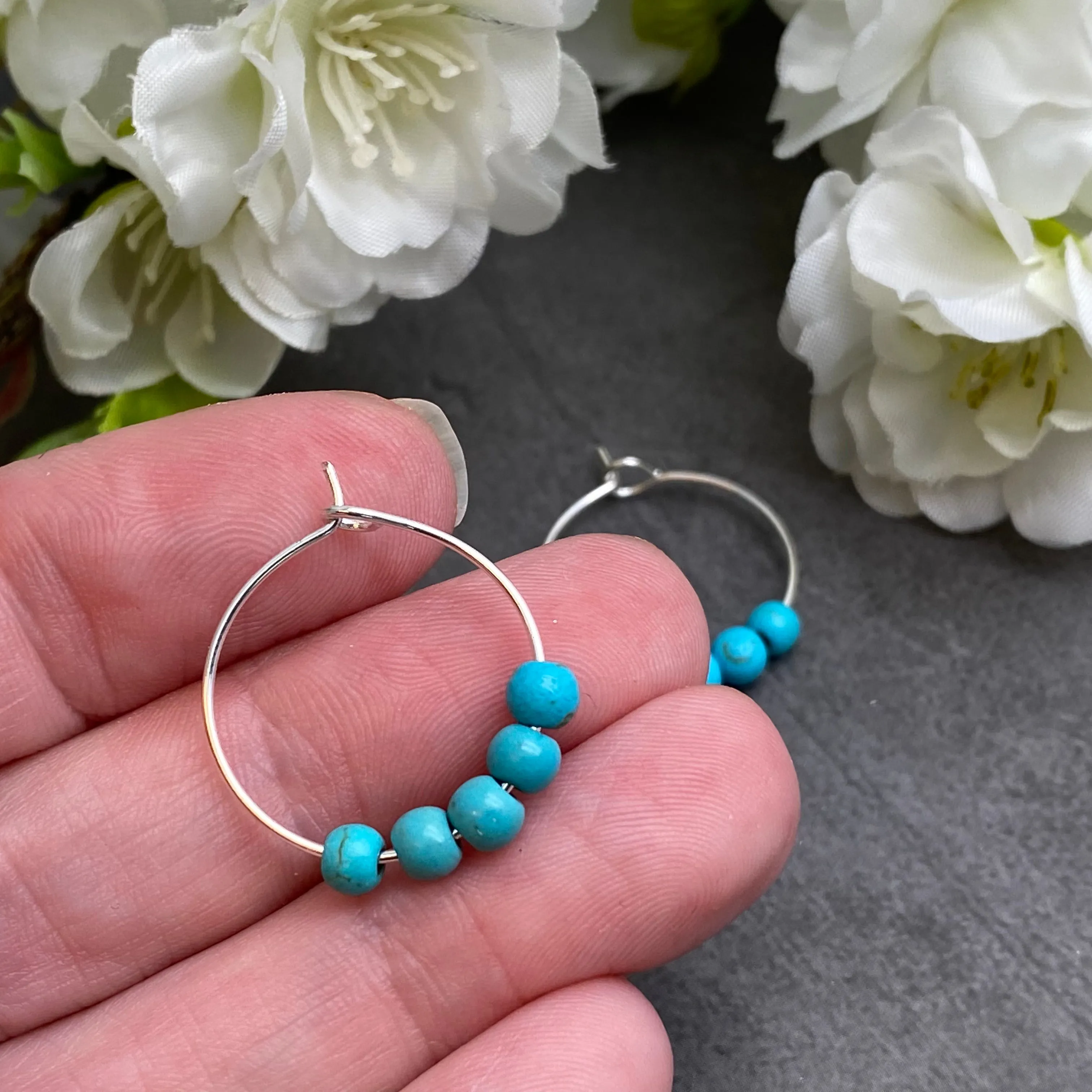 Turquoise 4mm Stone Bead Silver Tone Hoops 20mm