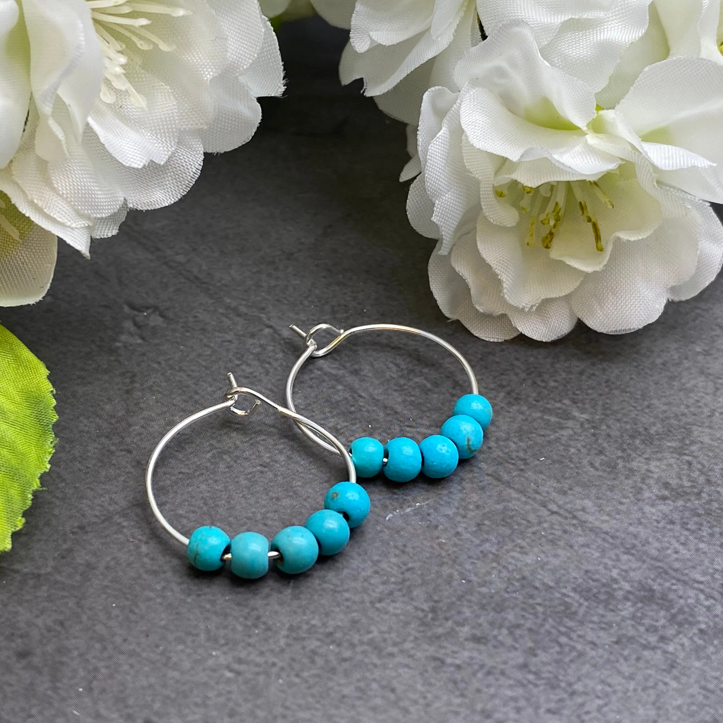 Turquoise 4mm Stone Bead Silver Tone Hoops 20mm