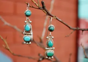 Turquoise Inlaid Traditional Flower Drop Silver Earrings