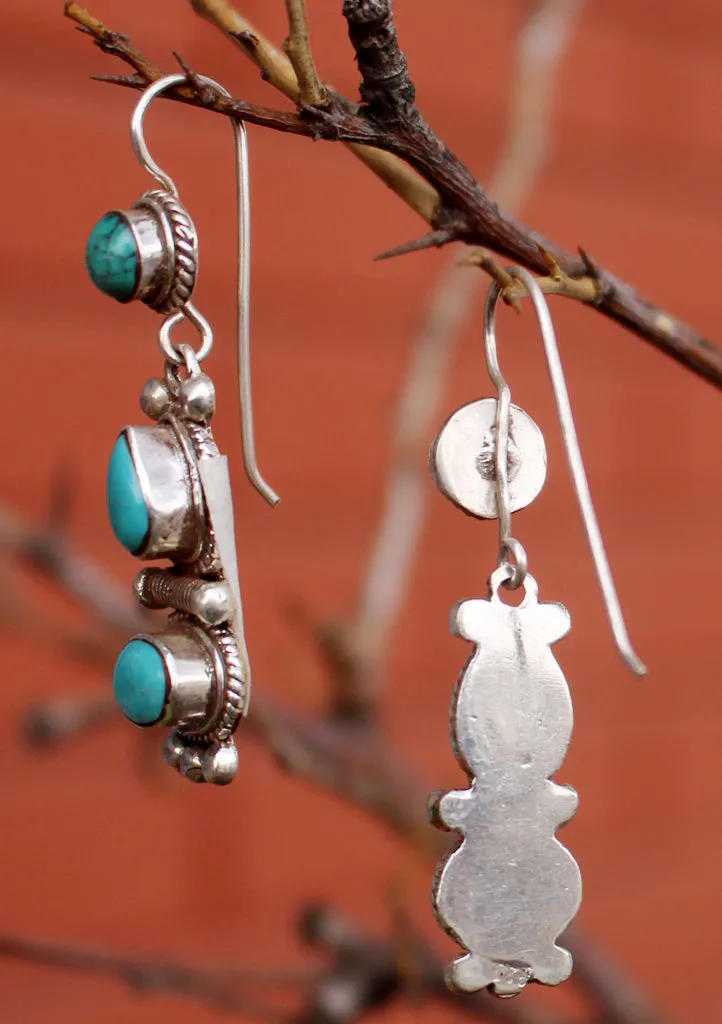 Turquoise Inlaid Traditional Flower Drop Silver Earrings