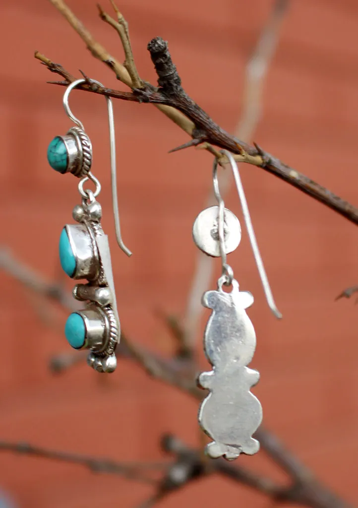 Turquoise Inlaid Traditional Flower Drop Silver Earrings