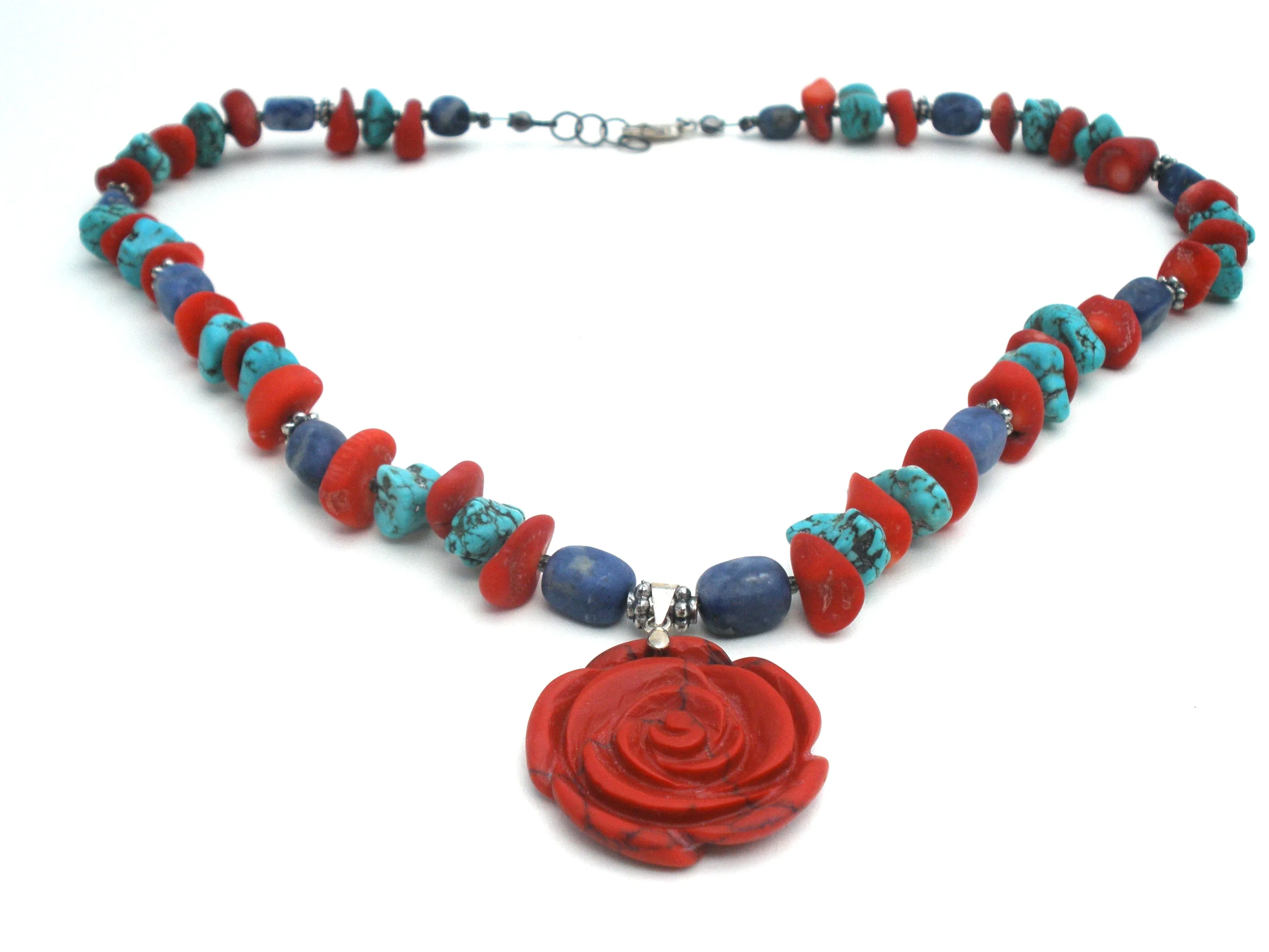 Turquoise Sodalite & Coral Rose 925 Necklace