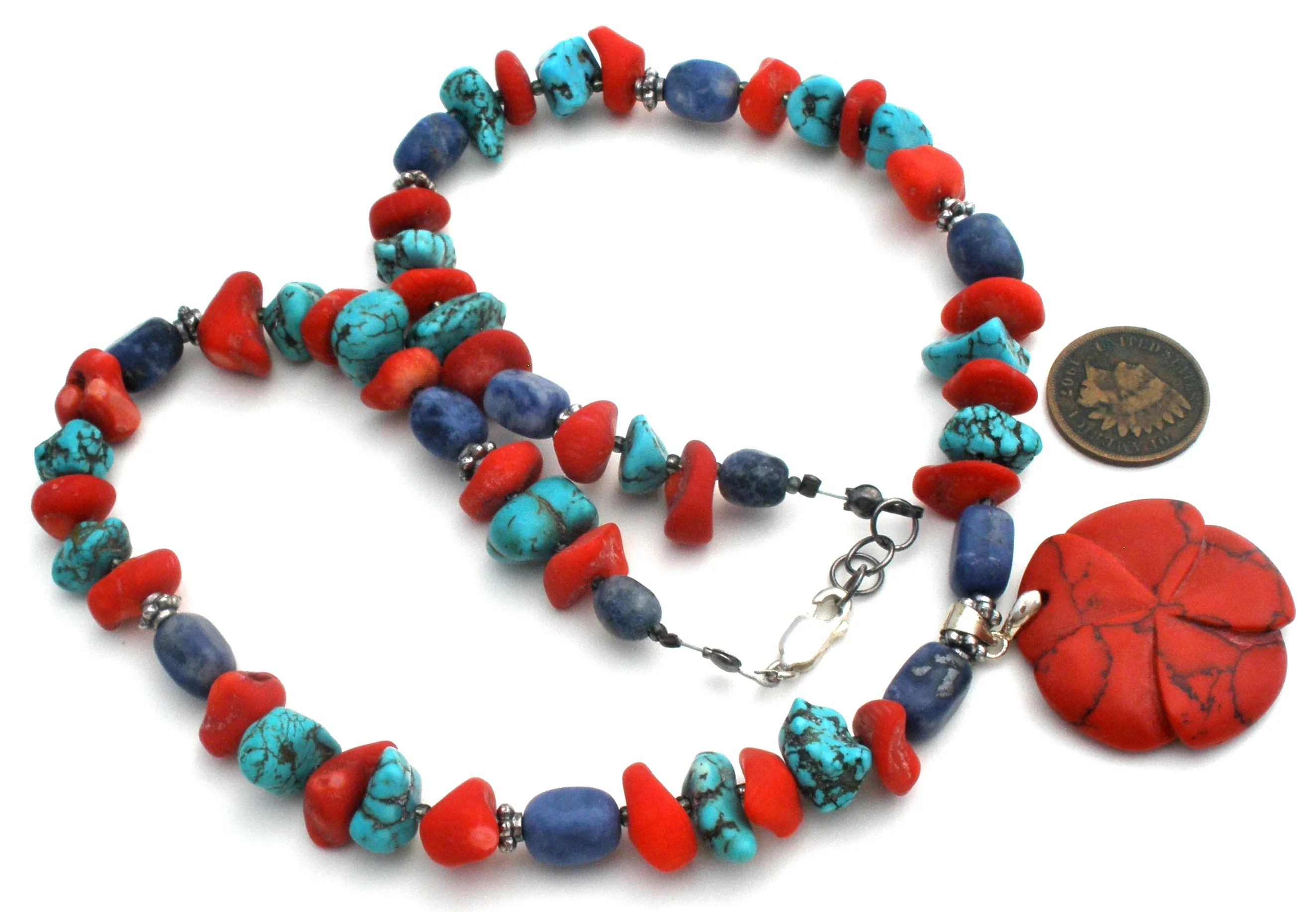 Turquoise Sodalite & Coral Rose 925 Necklace