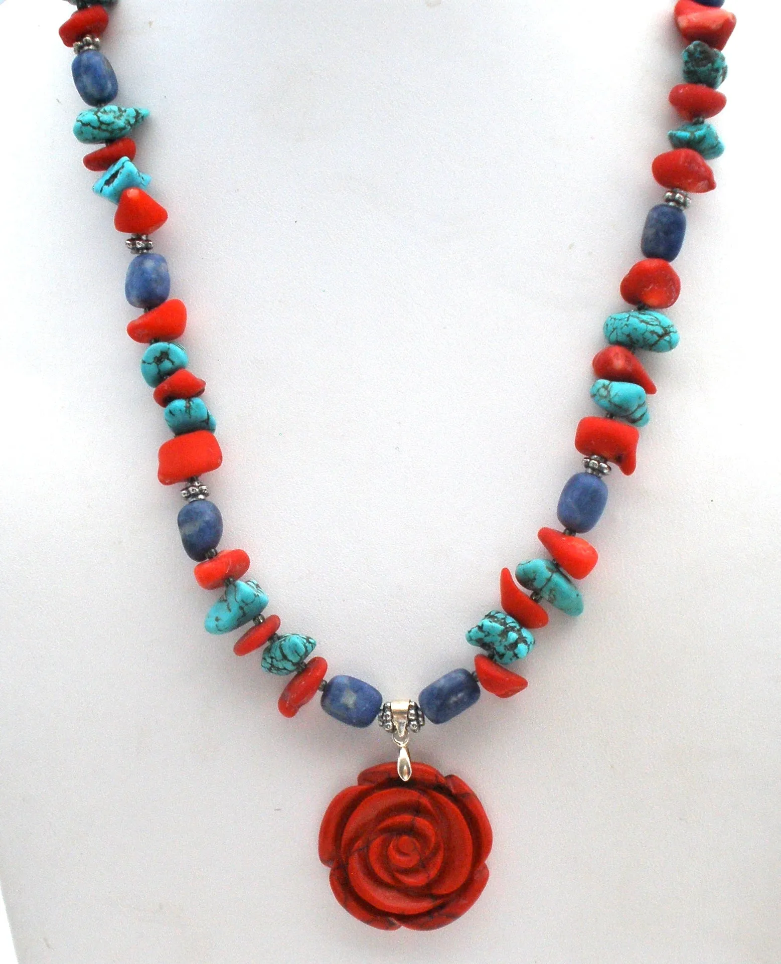 Turquoise Sodalite & Coral Rose 925 Necklace