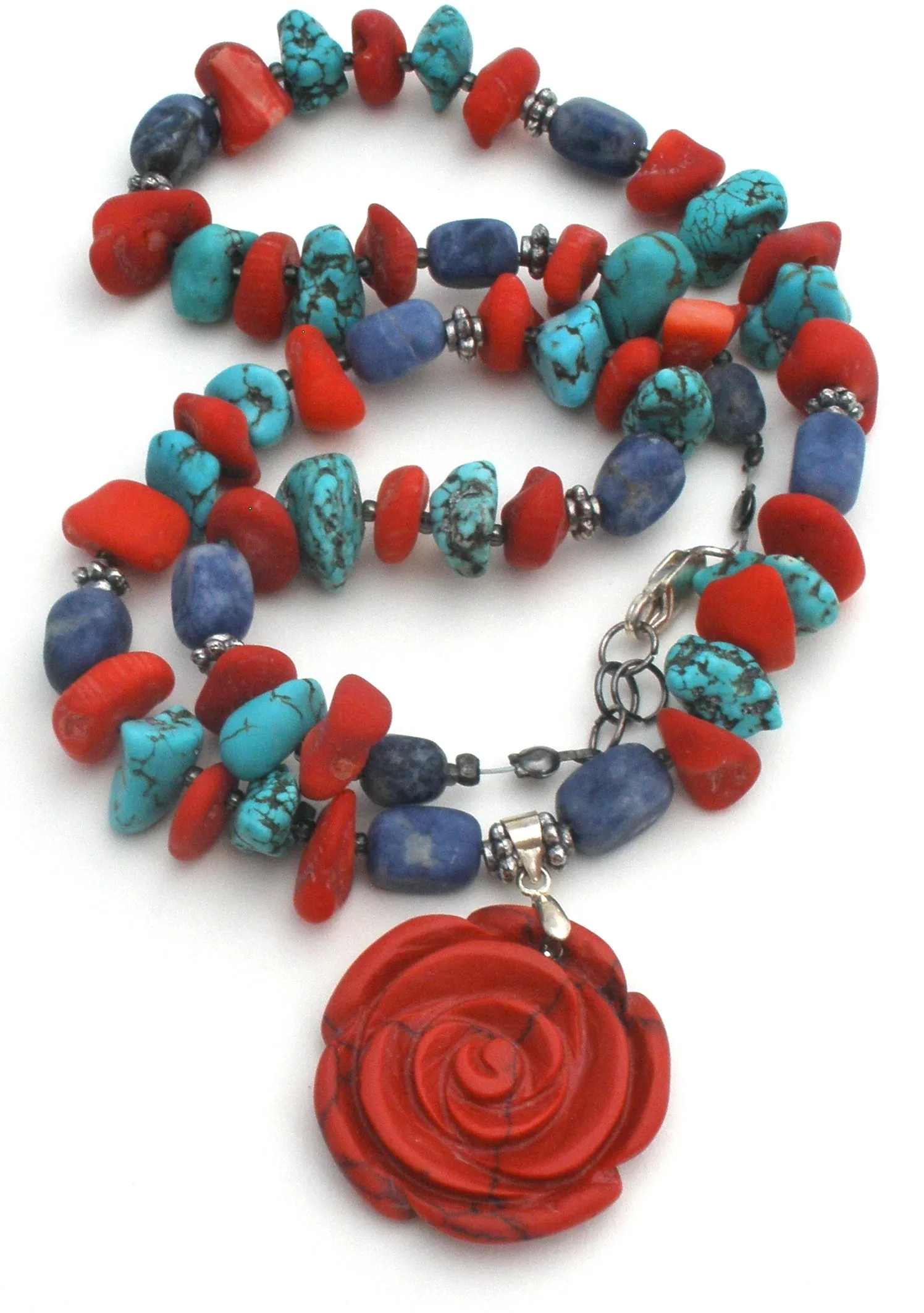 Turquoise Sodalite & Coral Rose 925 Necklace
