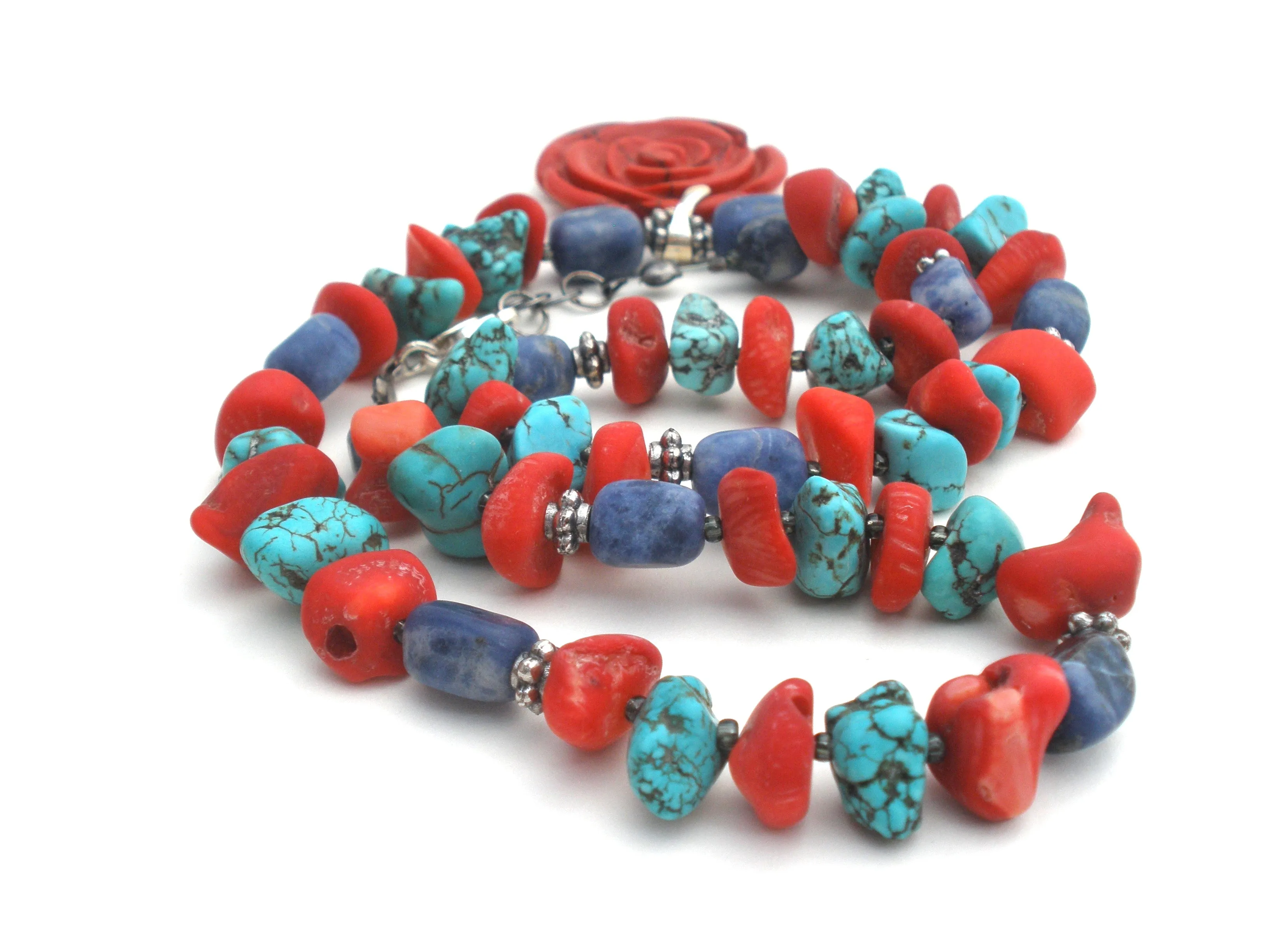 Turquoise Sodalite & Coral Rose 925 Necklace
