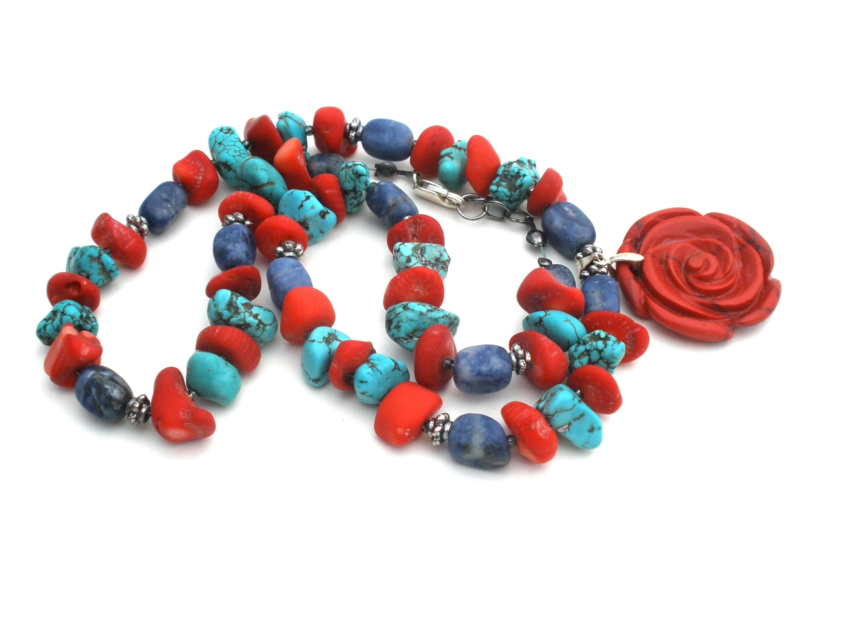 Turquoise Sodalite & Coral Rose 925 Necklace