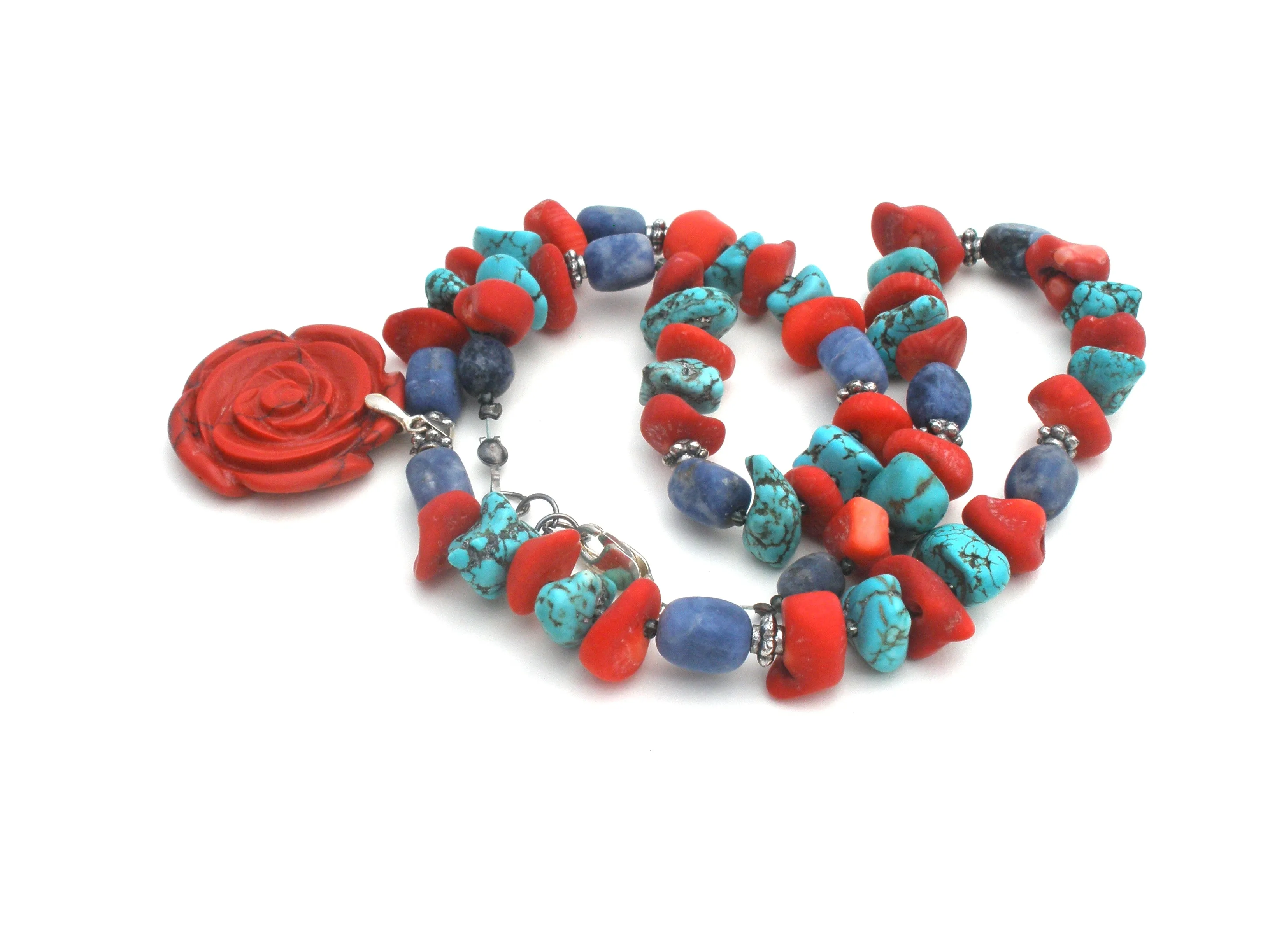 Turquoise Sodalite & Coral Rose 925 Necklace
