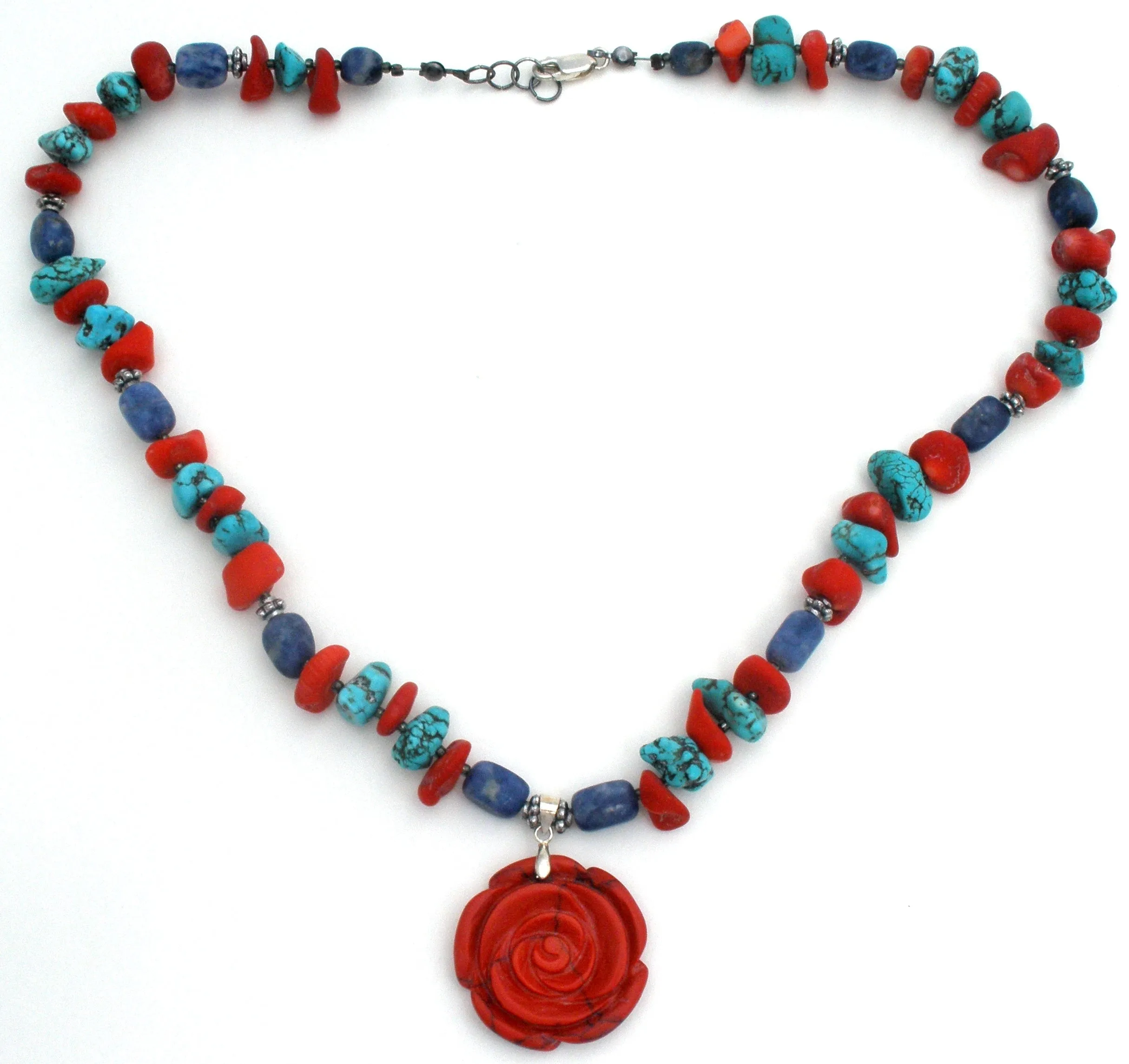 Turquoise Sodalite & Coral Rose 925 Necklace