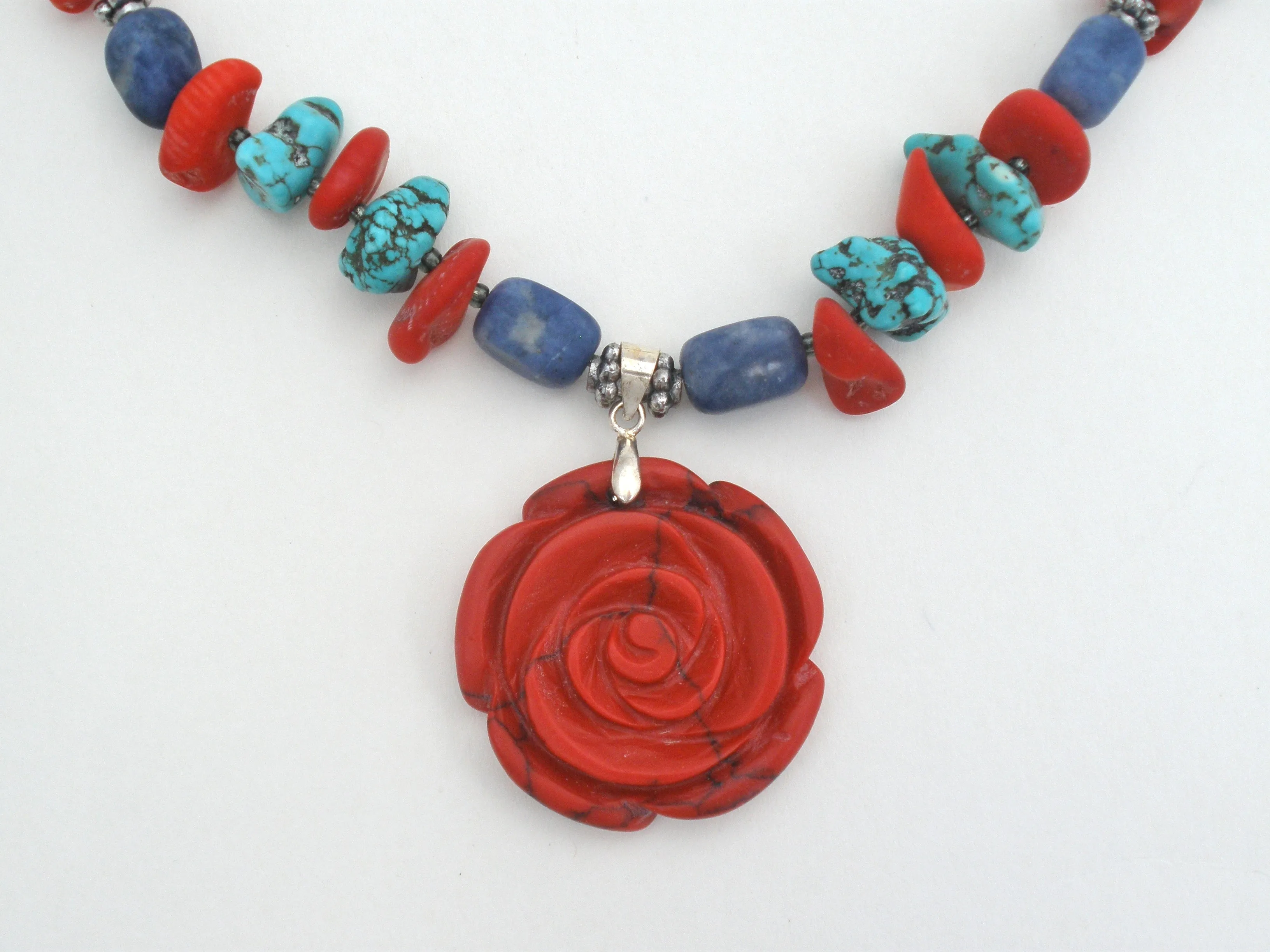 Turquoise Sodalite & Coral Rose 925 Necklace