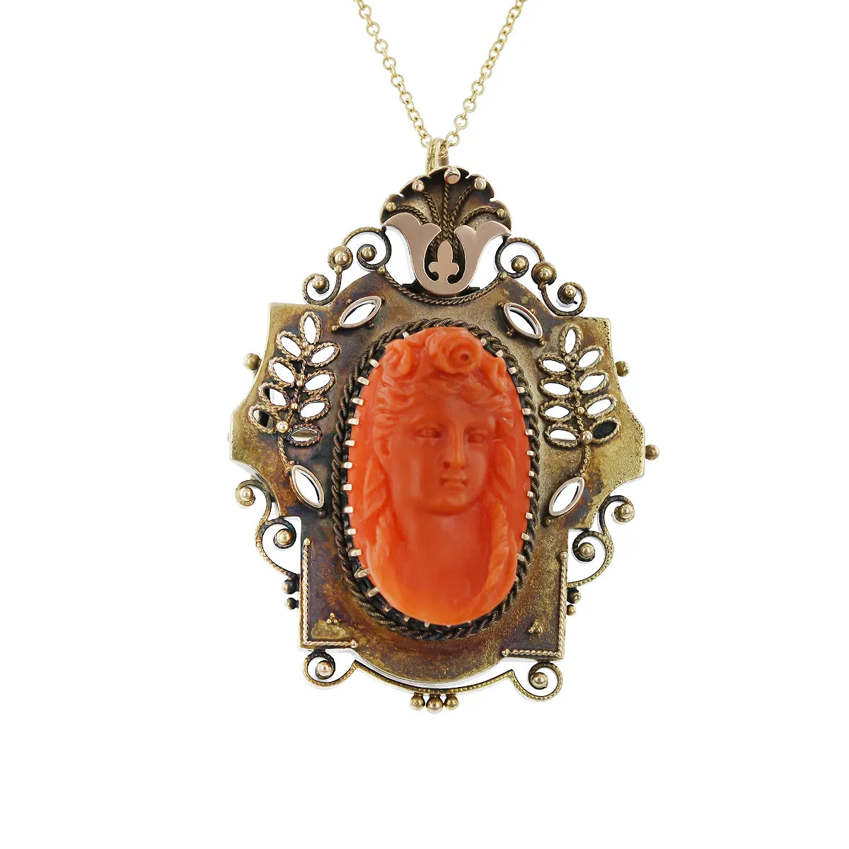 Victorian 14K Yellow Gold Coral Pendant Necklace