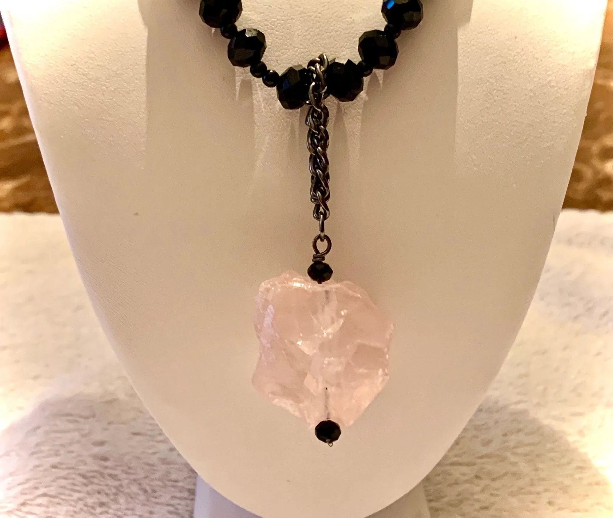 Vida Handmade Beaded Necklace/Choker with a Chunky Genuine Rose Quartz Pendant
