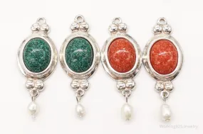 Vintage Designer CCO Malachite Coral Pearl Sterling Silver Earring Pendants