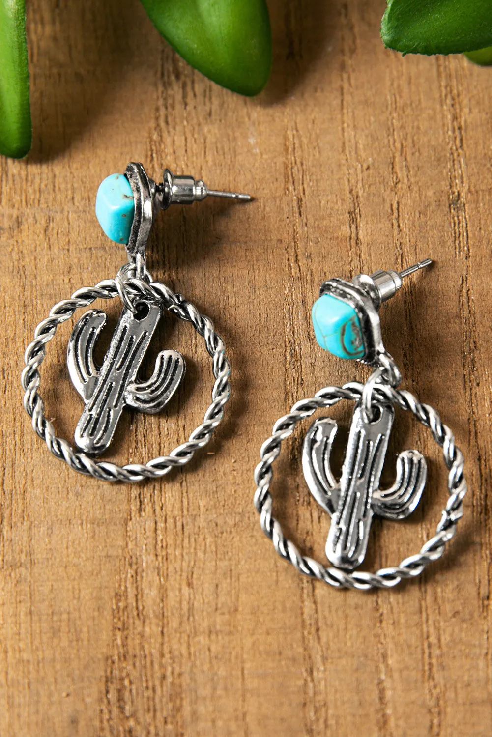 Vintage Geometric Oval Cutout Cactus Turquoise Earrings