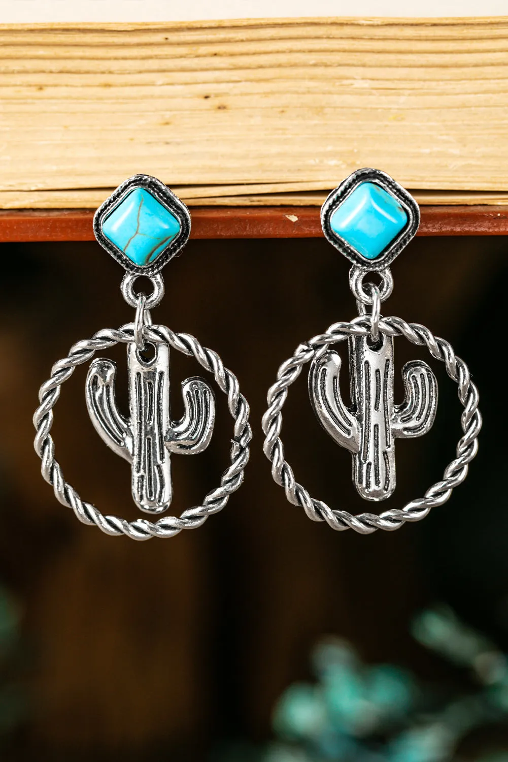 Vintage Geometric Oval Cutout Cactus Turquoise Earrings