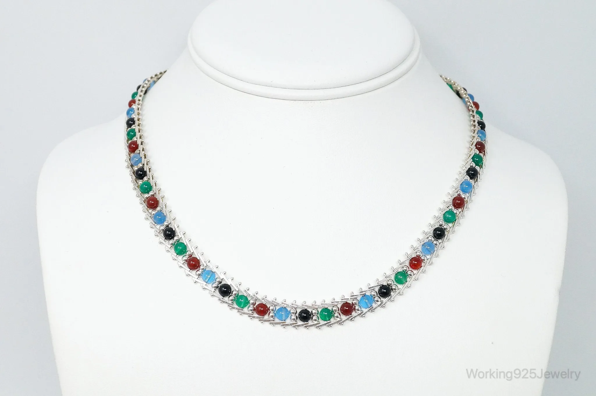 Vintage Italian Designer Milor Multi Stone Bead Sterling Silver Necklace