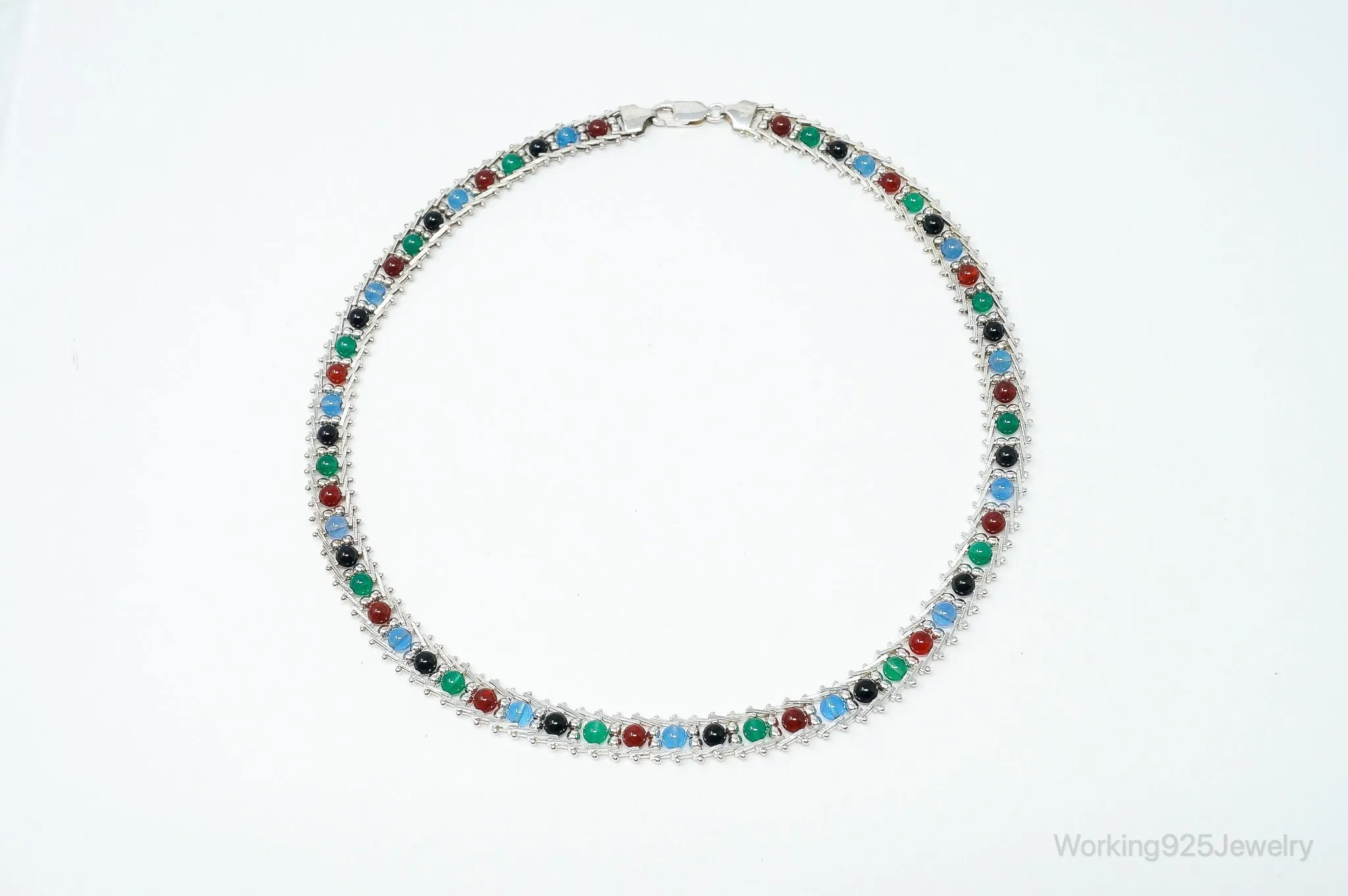 Vintage Italian Designer Milor Multi Stone Bead Sterling Silver Necklace