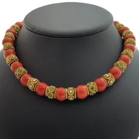 Vintage Mediterranean Coral Emerald and Diamond Necklace