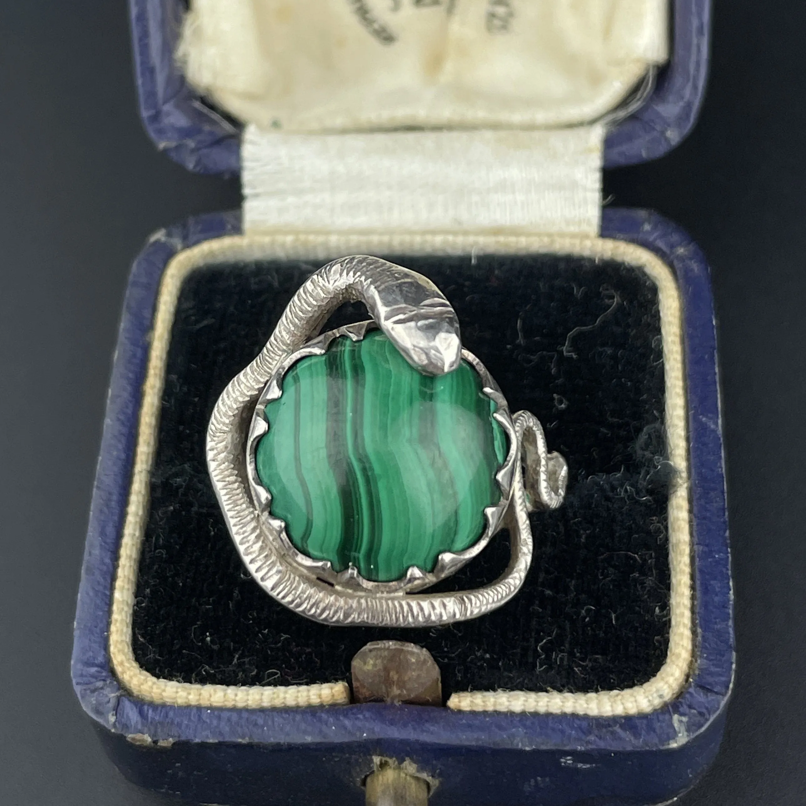 Vintage Silver Snake Wrapped Malachite Ring, Sz 8 1/4