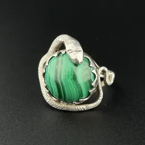 Vintage Silver Snake Wrapped Malachite Ring, Sz 8 1/4