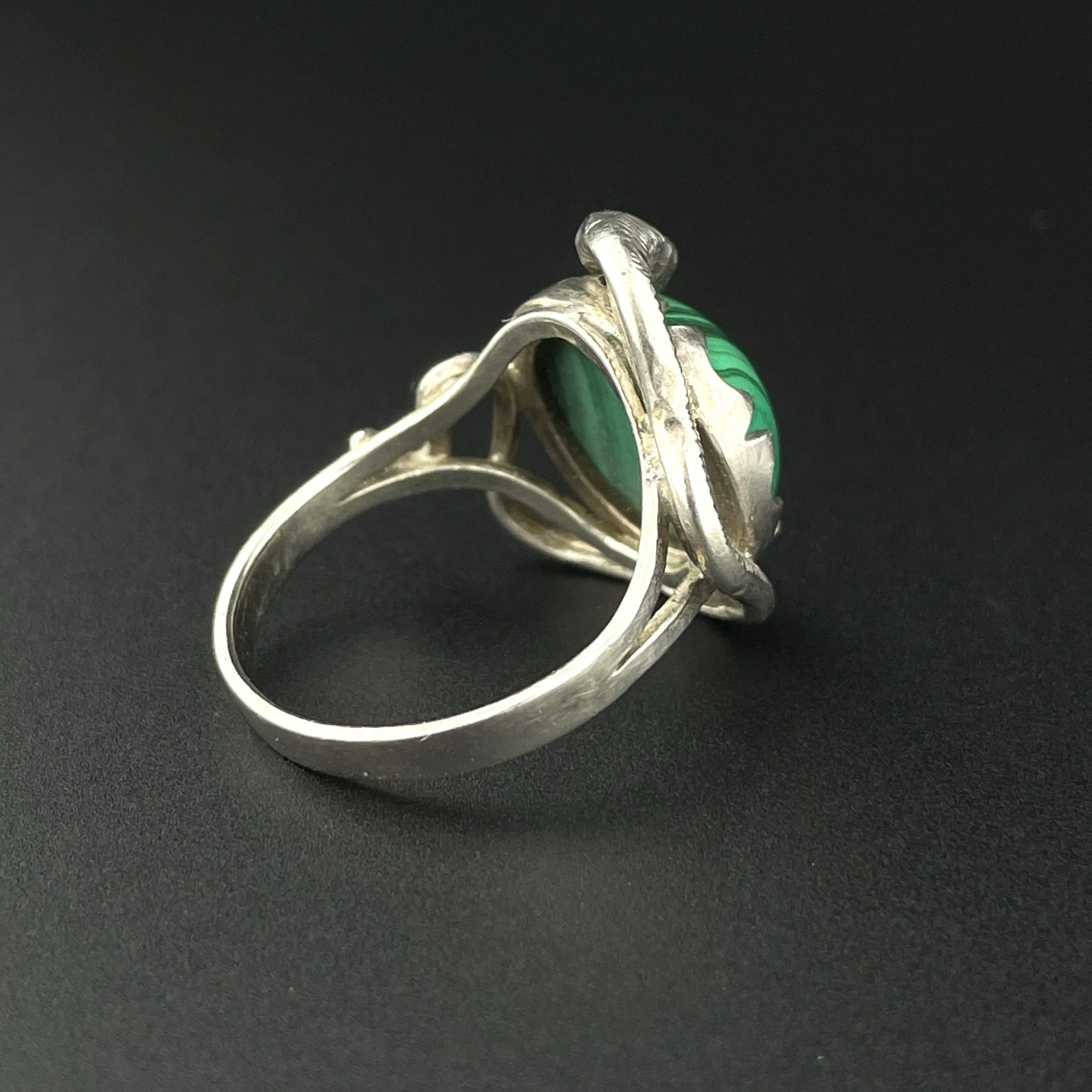 Vintage Silver Snake Wrapped Malachite Ring, Sz 8 1/4